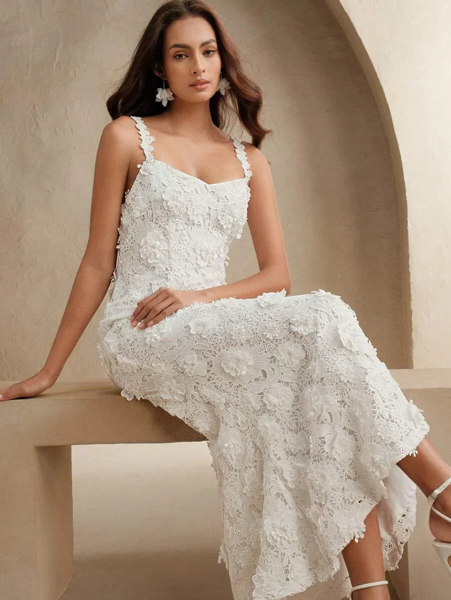 Elegant WaterSoluble 3D Floral Embroidered Long Dress For Women SpringSummer