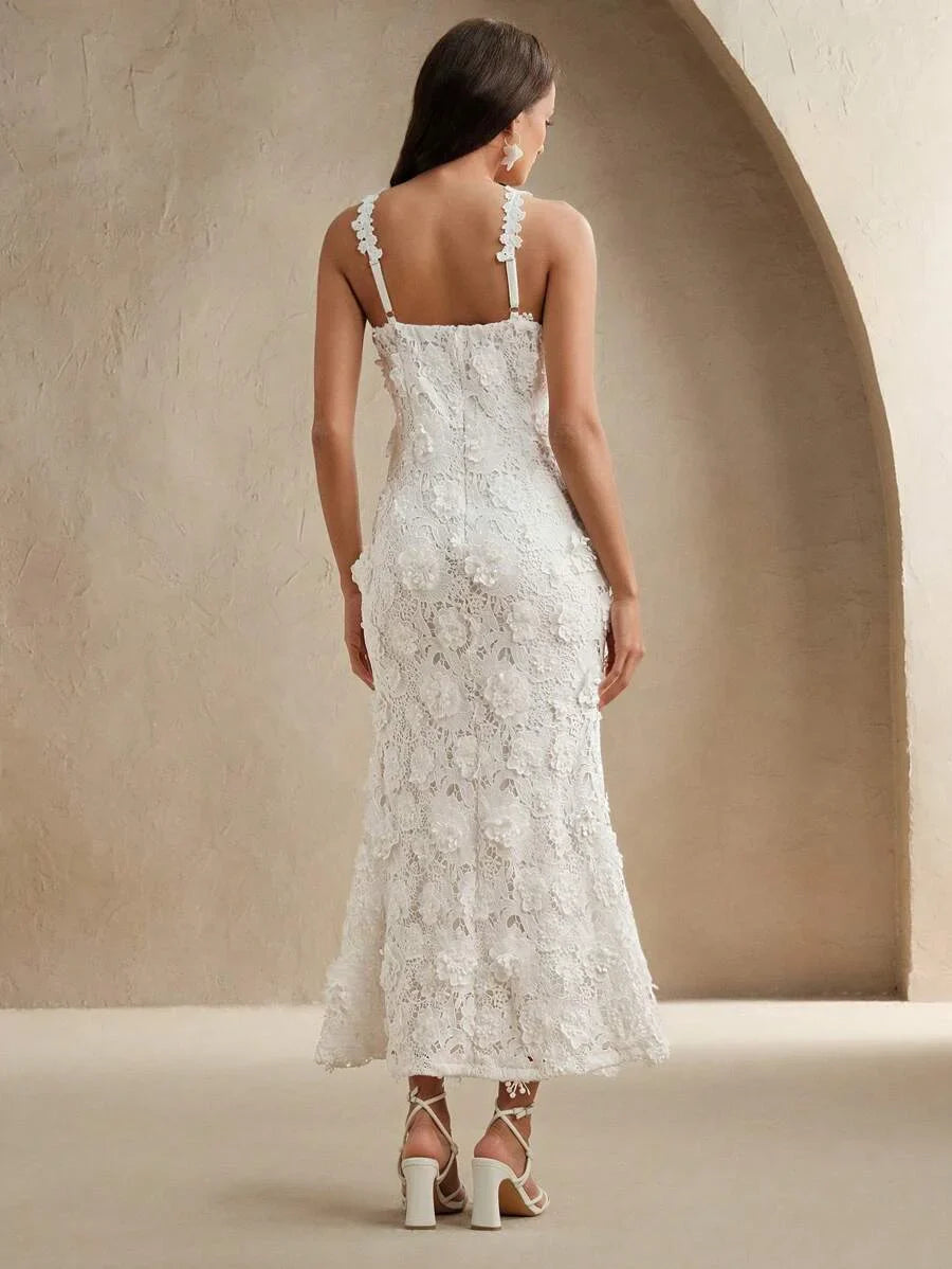 Elegant WaterSoluble 3D Floral Embroidered Long Dress For Women SpringSummer