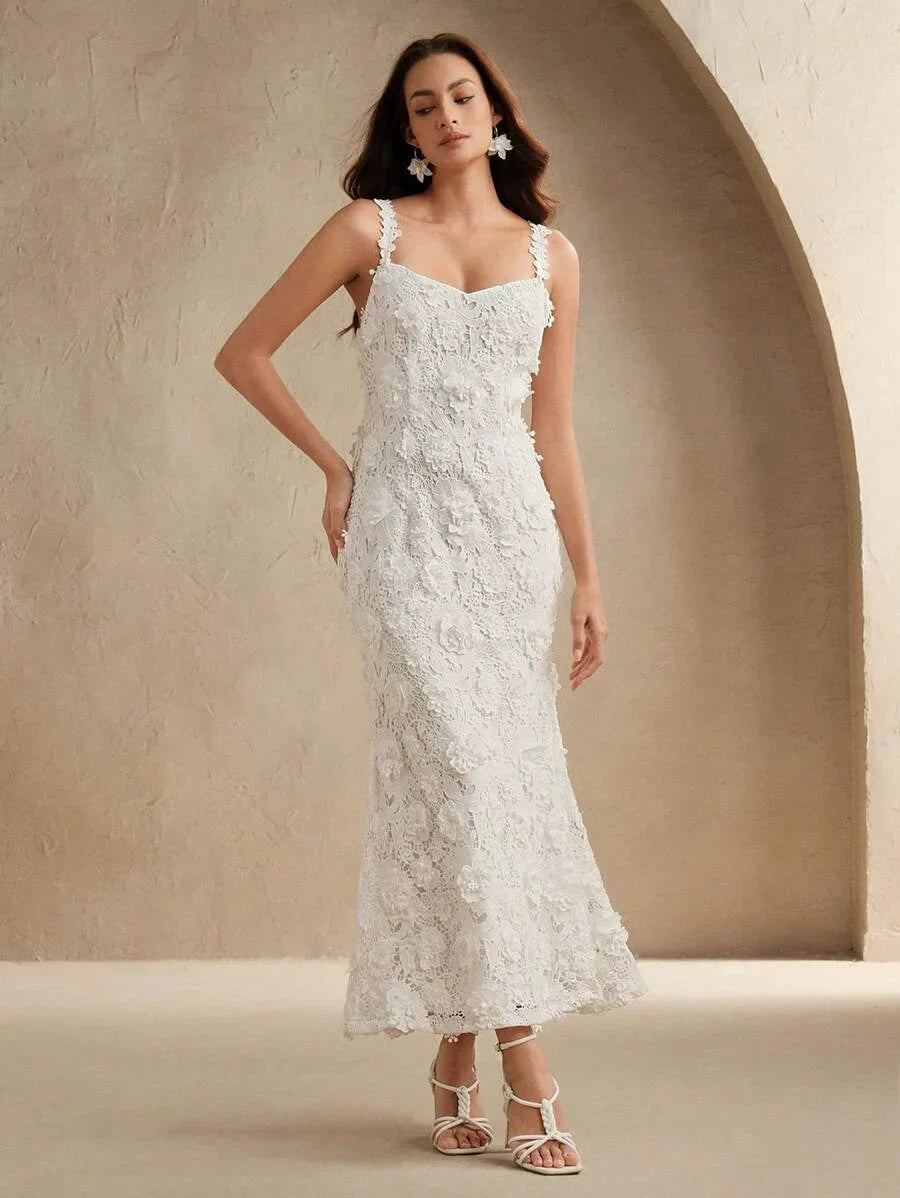 Elegant WaterSoluble 3D Floral Embroidered Long Dress For Women SpringSummer