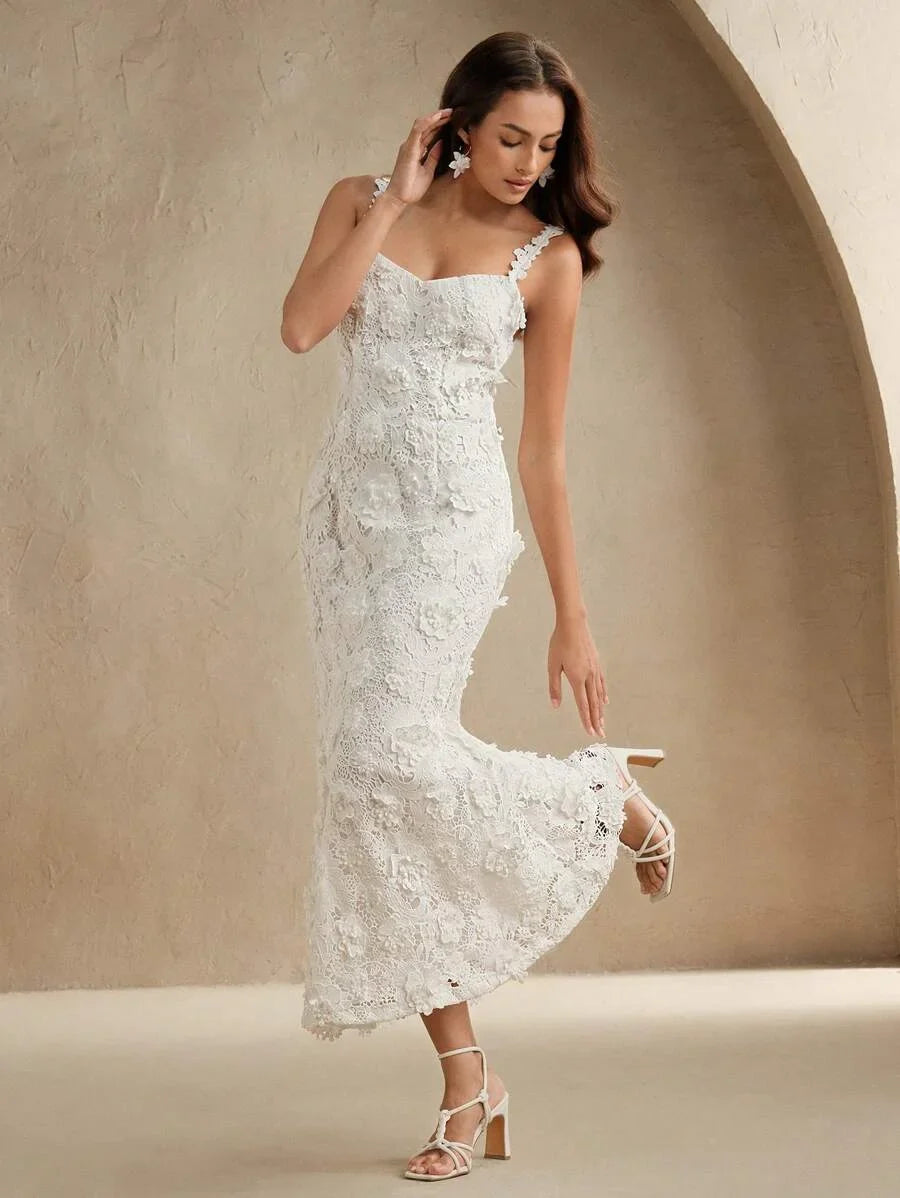 Elegant WaterSoluble 3D Floral Embroidered Long Dress For Women SpringSummer