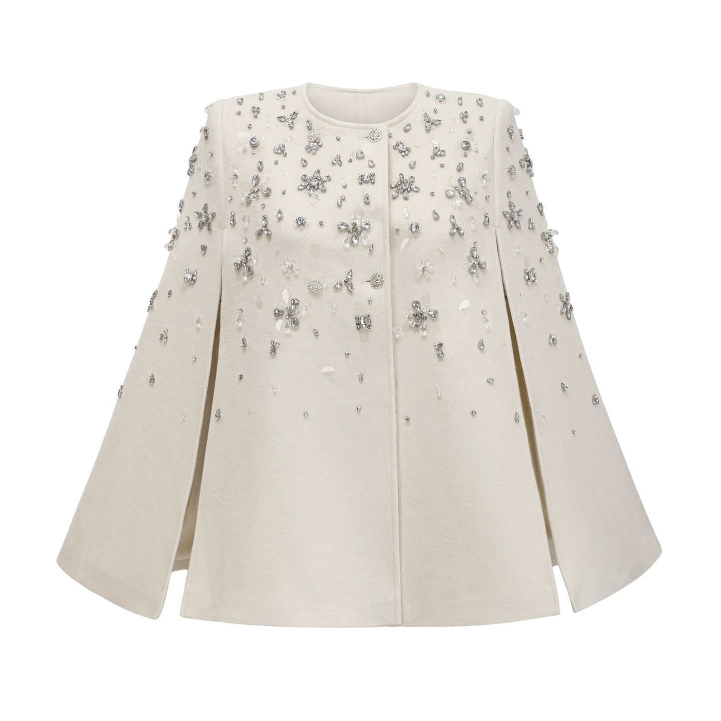 Elegant white jacket with cape design and sparkling embellishments on shoulders and sleeves