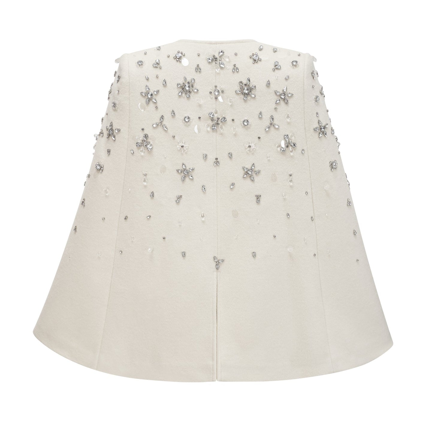 Elegant white jacket with cape design featuring sparkling embellishments and intricate details