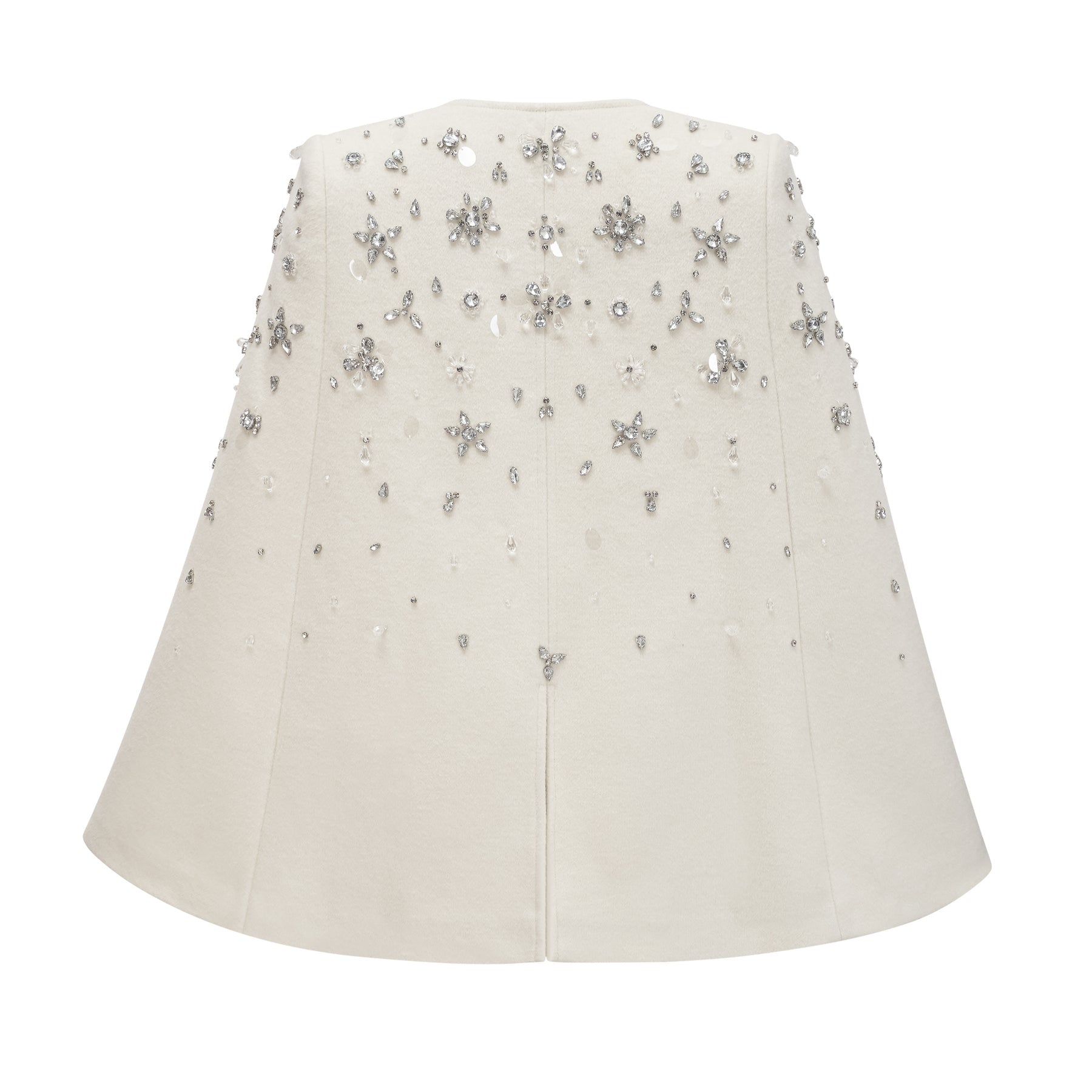 Elegant white jacket with cape design featuring sparkling embellishments and intricate details