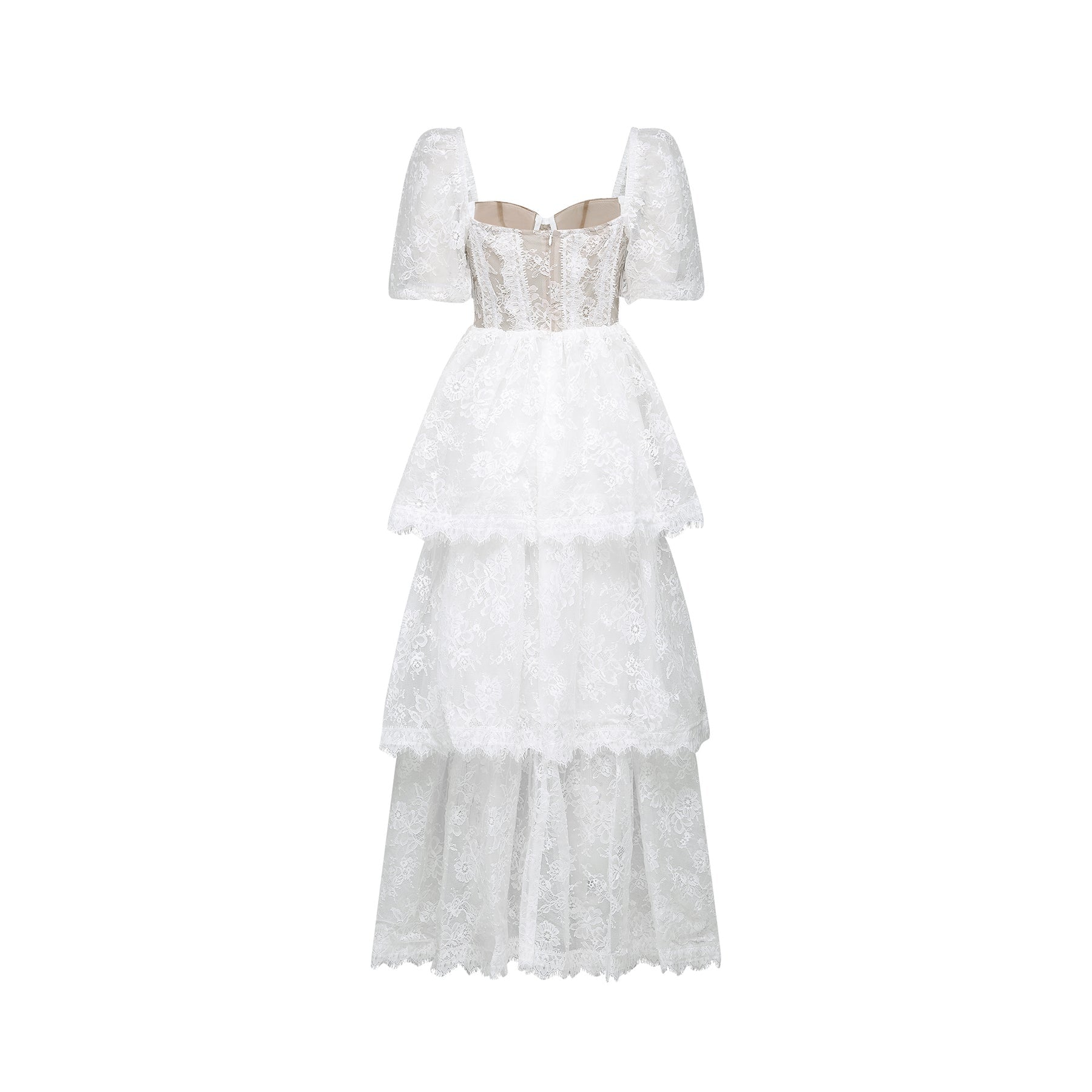 Elegant white lace midi dress with tiered layers by Melisande
