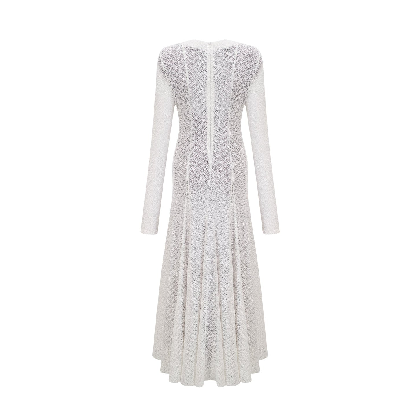 Elegant white maxi dress with intricate wavy lace pattern throughout the bodice and skirt featuring a floor length design and delicate feminine details