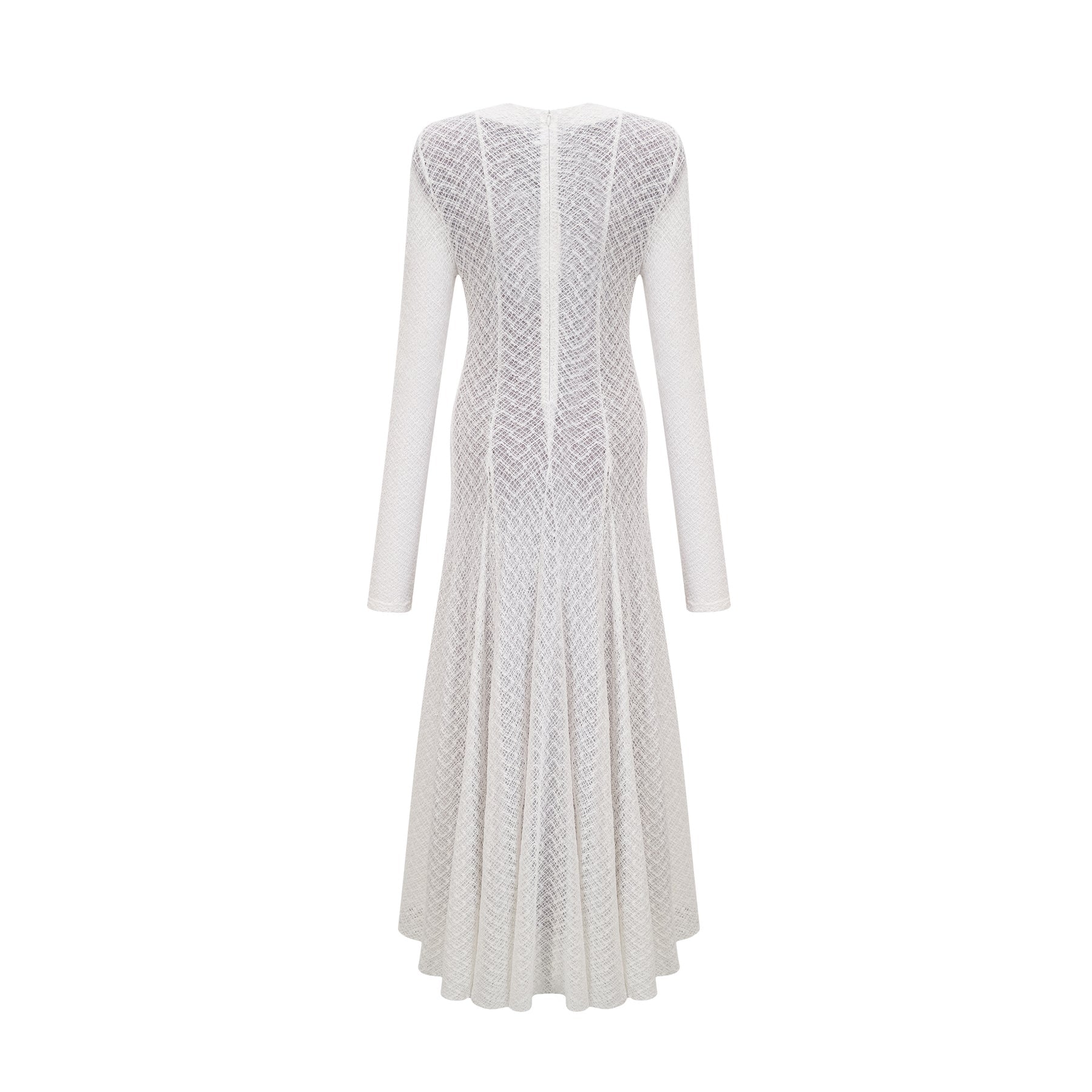 Elegant white maxi dress with intricate wavy lace pattern throughout the bodice and skirt featuring a floor length design and delicate feminine details