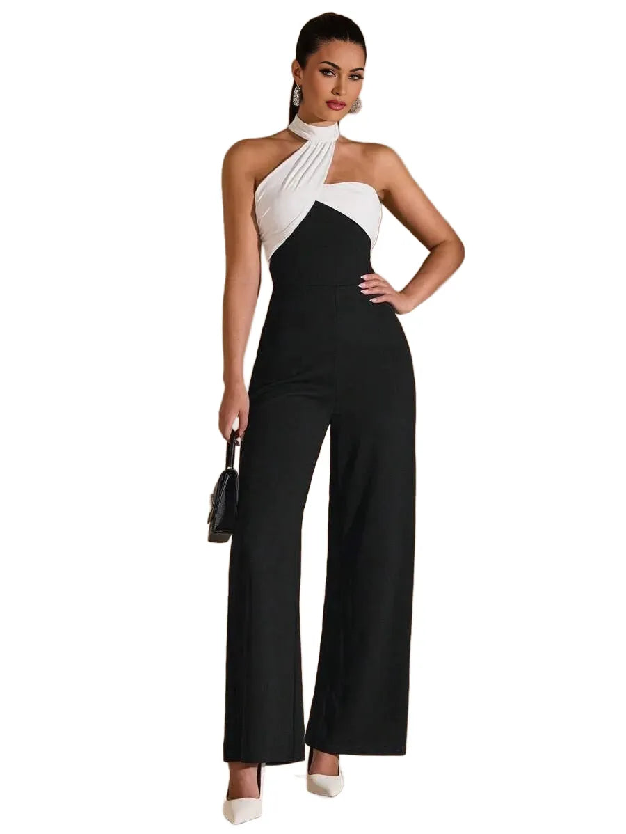 Elegant Womens Black And White Asymmetric Collar Oblique Shoulder Wide Leg Jumpsuit Suitable For