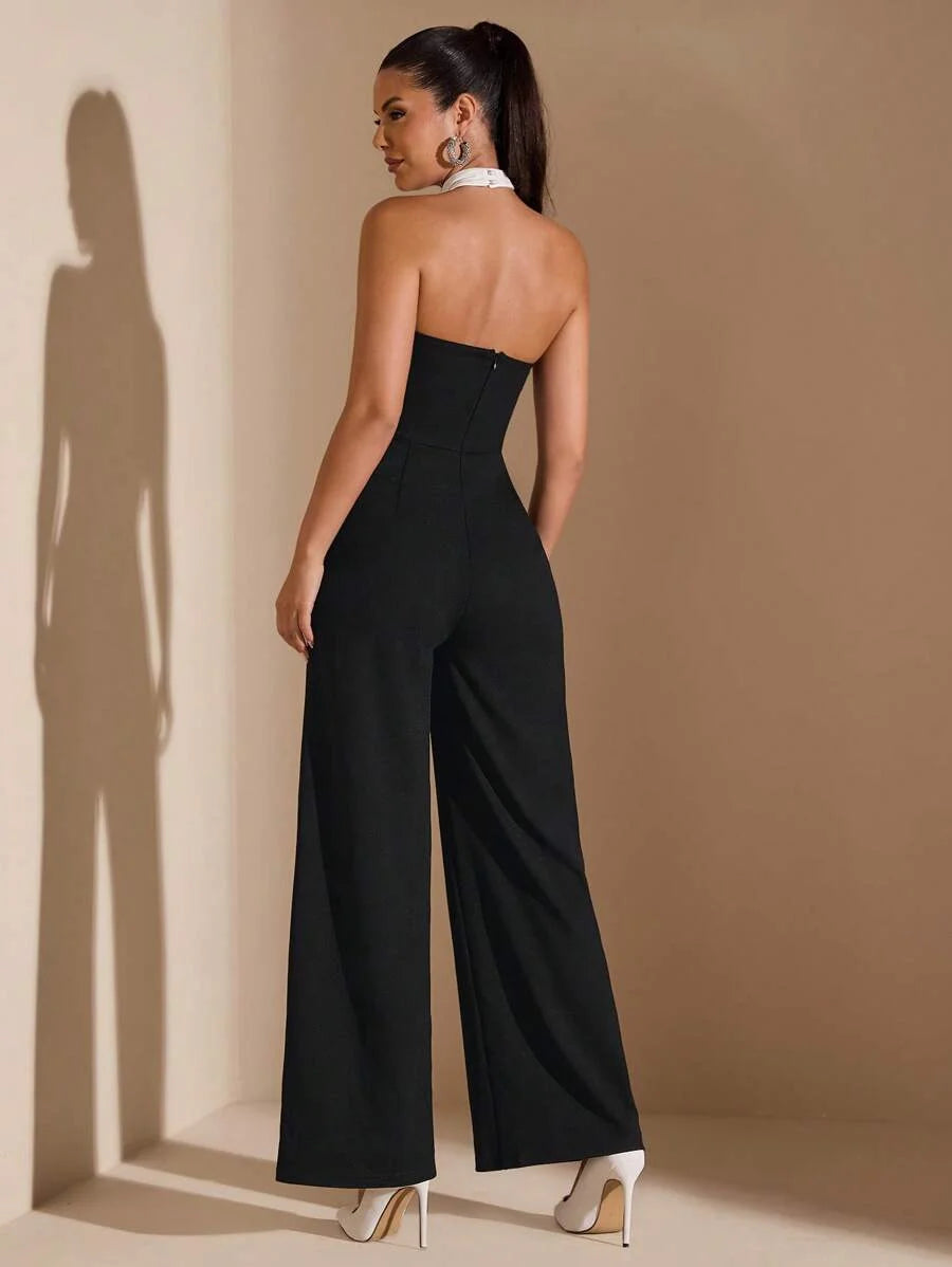 Elegant Womens Black And White Asymmetric Collar Oblique Shoulder Wide Leg Jumpsuit Suitable For