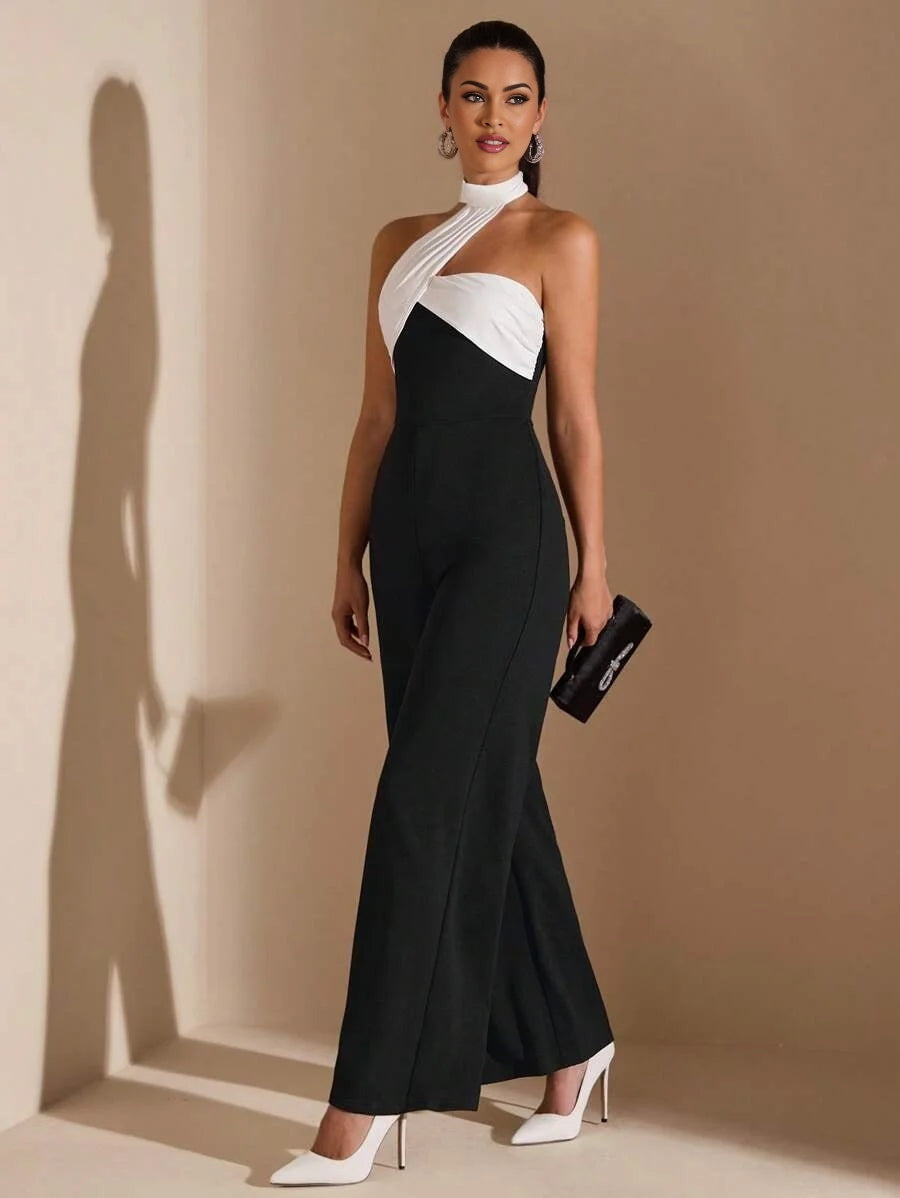 Elegant Womens Black And White Asymmetric Collar Oblique Shoulder Wide Leg Jumpsuit Suitable For