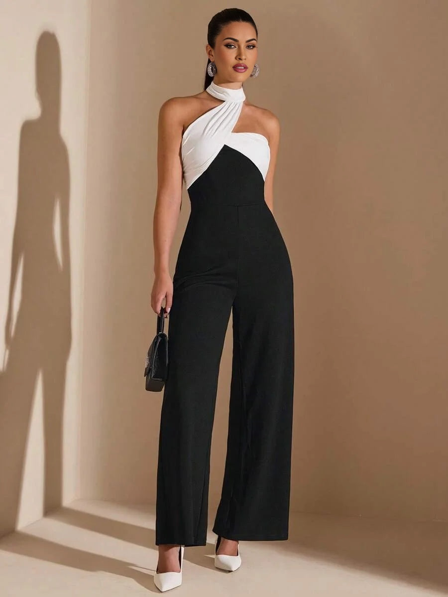Elegant Womens Black And White Asymmetric Collar Oblique Shoulder Wide Leg Jumpsuit Suitable For