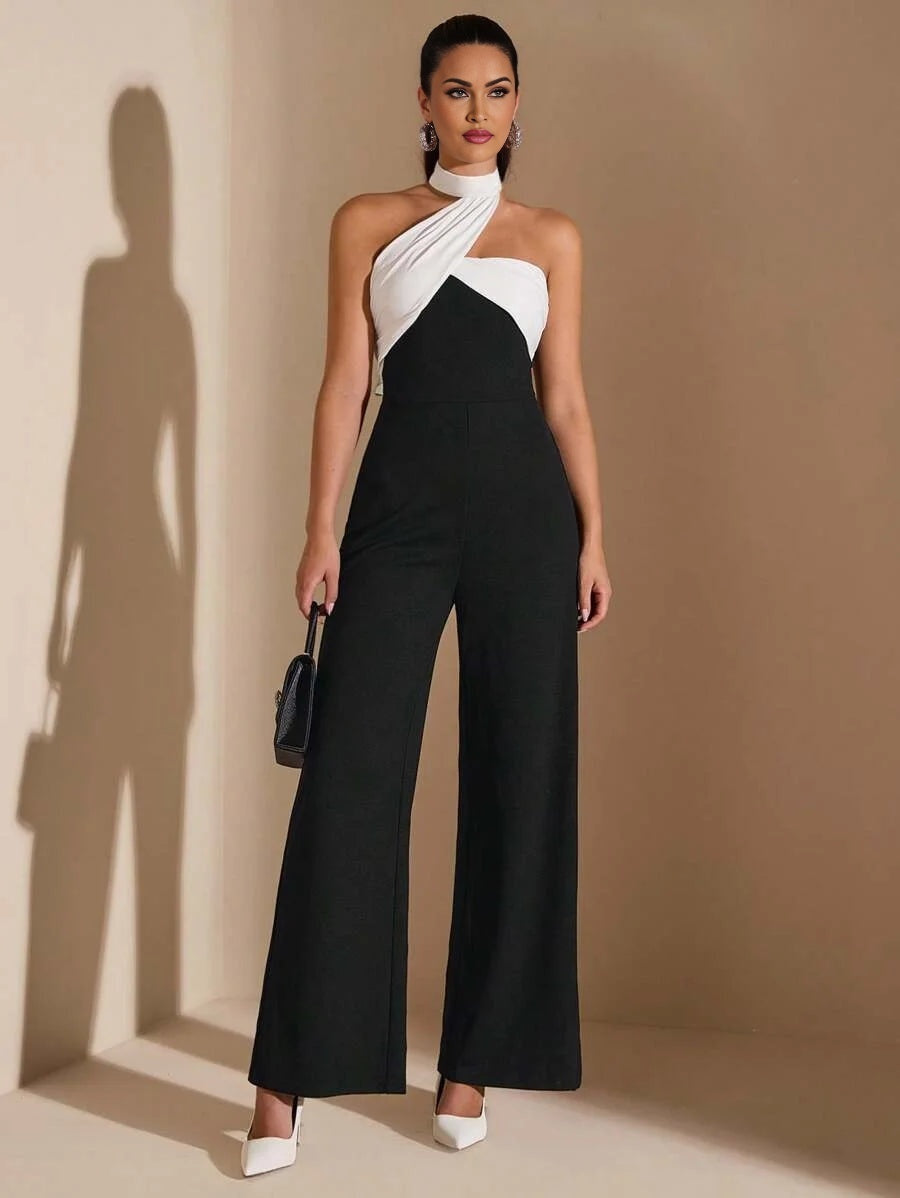 Elegant Womens Black And White Asymmetric Collar Oblique Shoulder Wide Leg Jumpsuit Suitable For