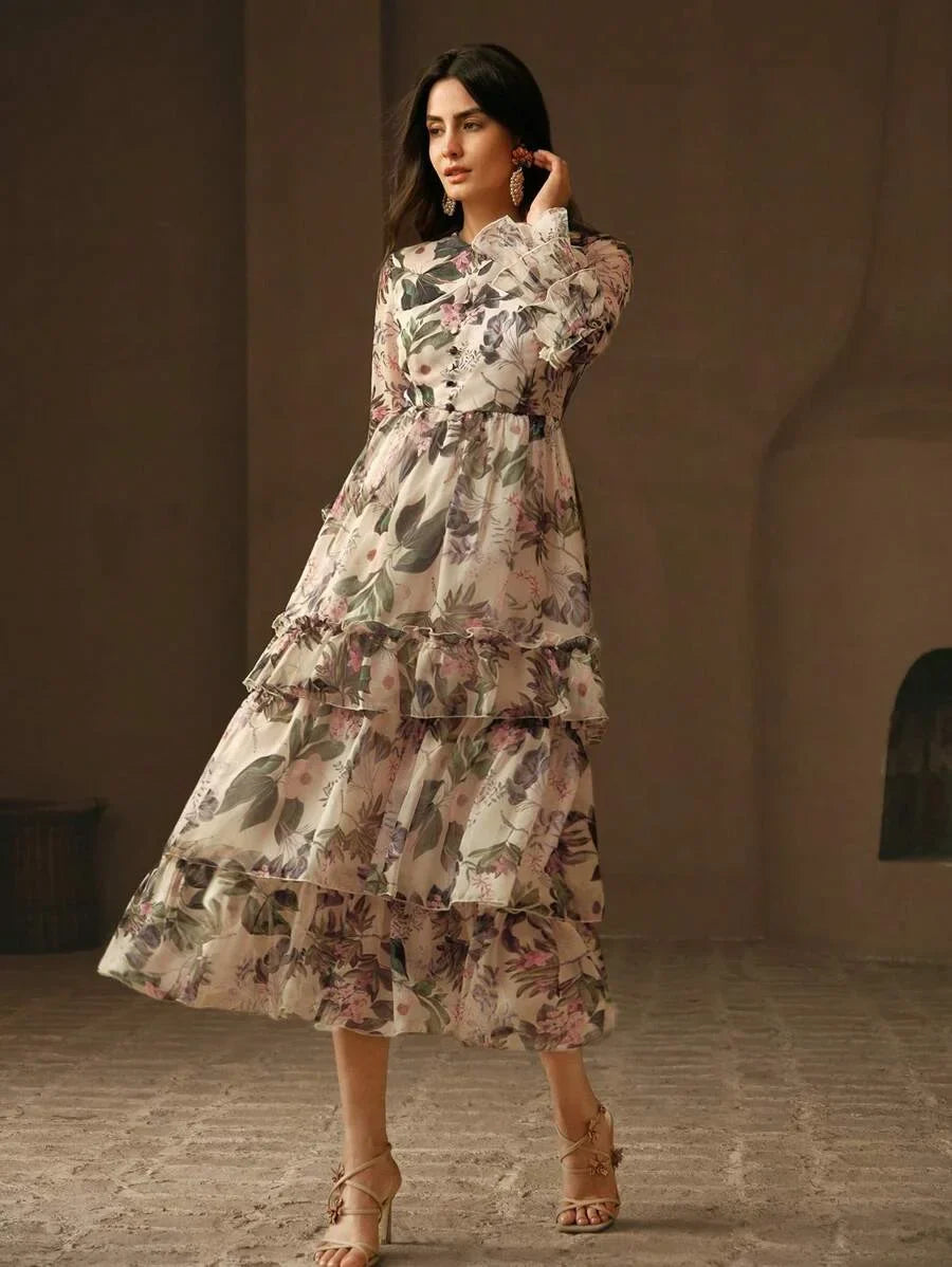 Elegant Womens Camellia Flower Print Layered Ruffle Dress Vacation Outfit
