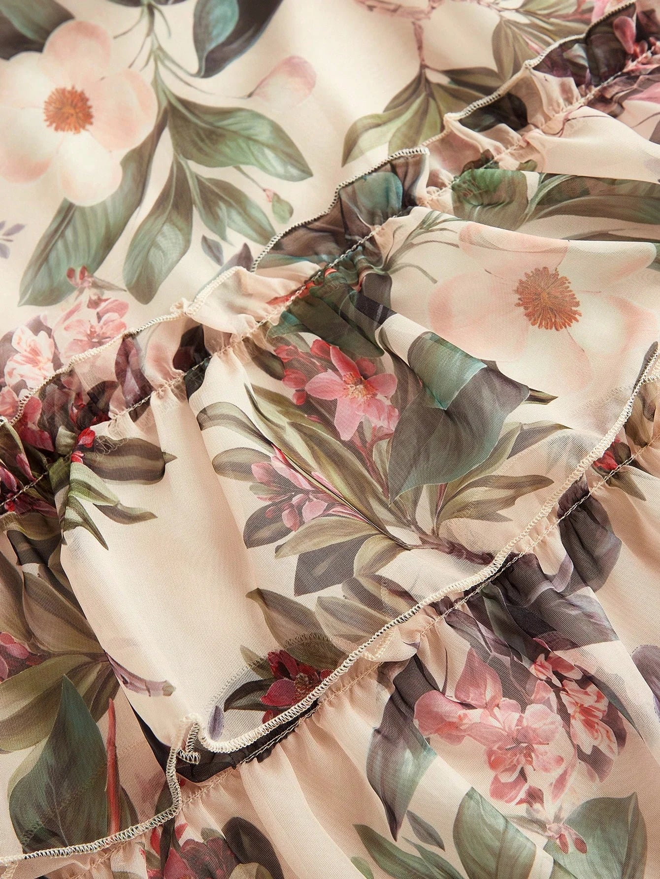 Elegant Womens Camellia Flower Print Layered Ruffle Dress Vacation Outfit