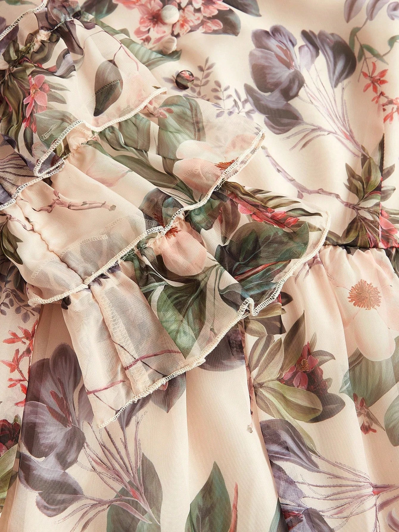 Elegant Womens Camellia Flower Print Layered Ruffle Dress Vacation Outfit