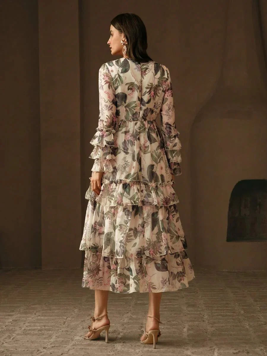 Elegant Womens Camellia Flower Print Layered Ruffle Dress Vacation Outfit