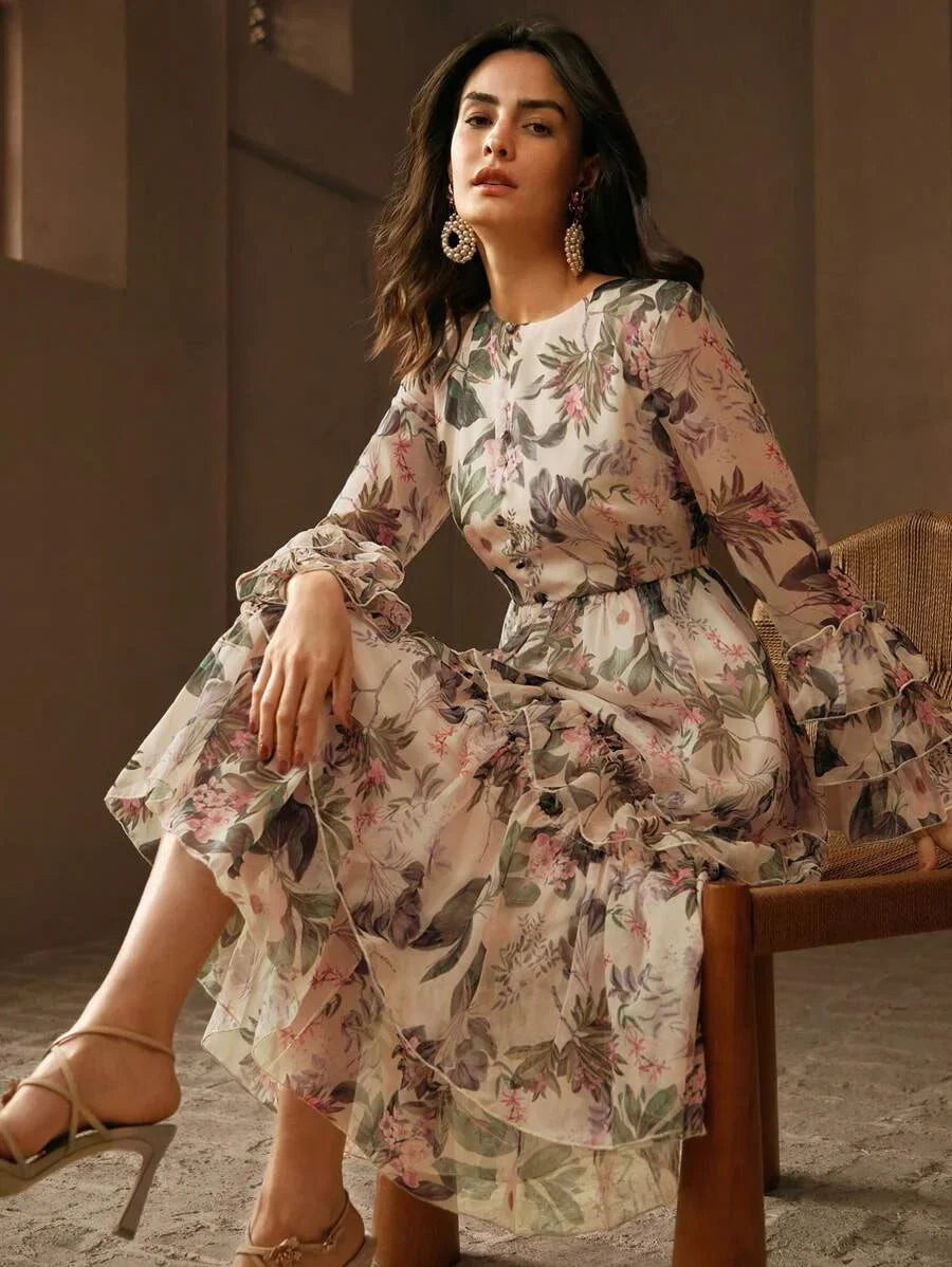 Elegant Womens Camellia Flower Print Layered Ruffle Dress Vacation Outfit