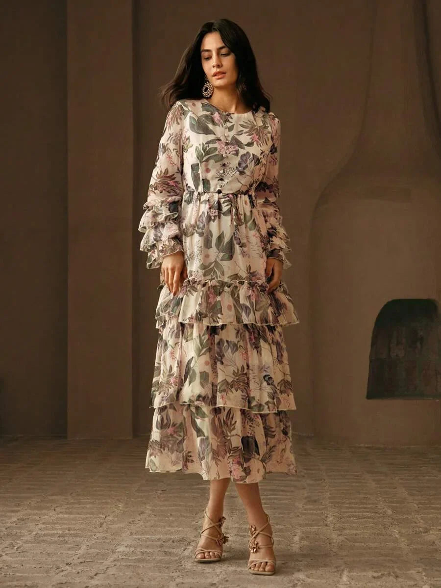 Elegant Womens Camellia Flower Print Layered Ruffle Dress Vacation Outfit