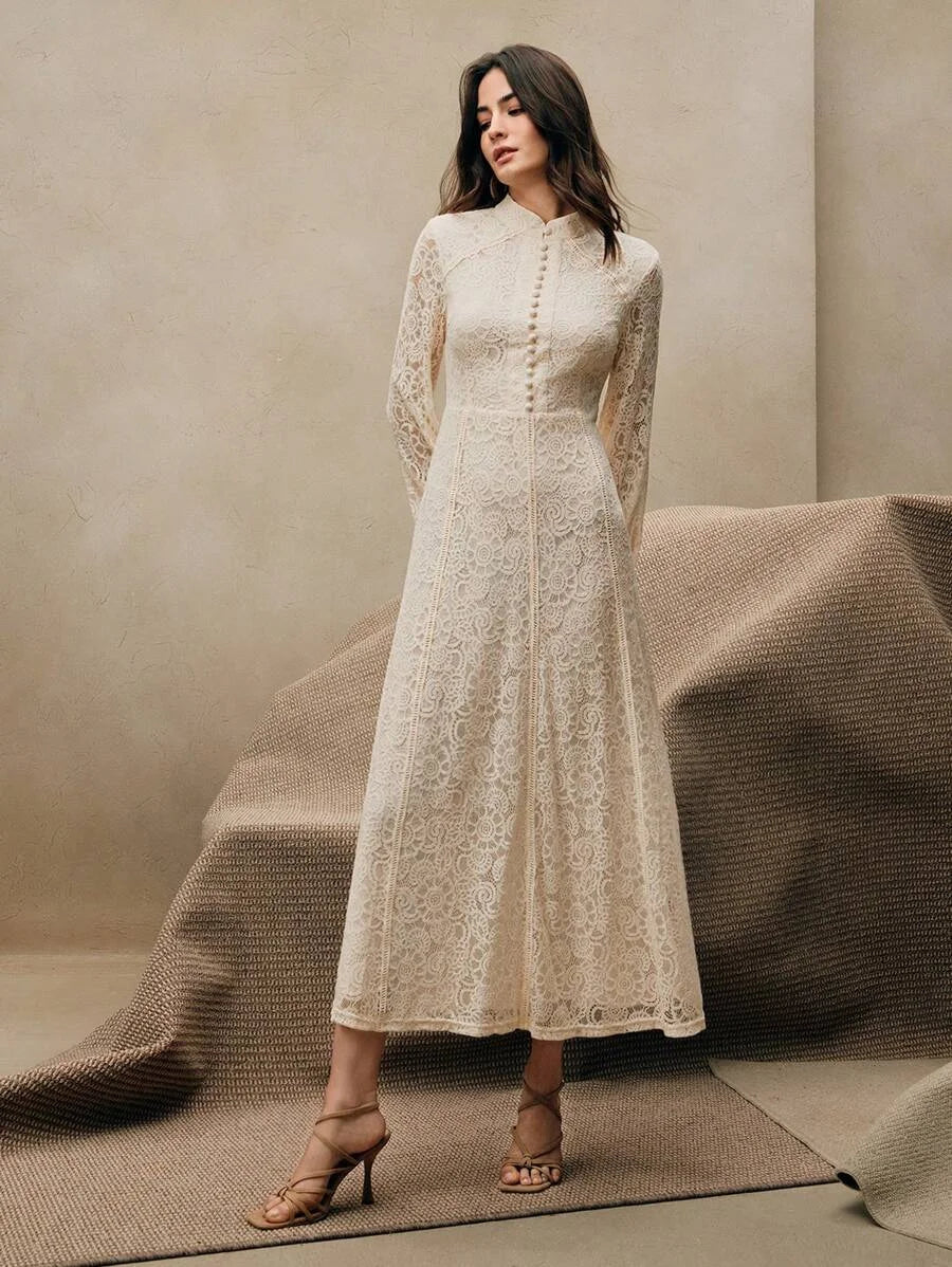 ElegantSpringAll White Woman Outfits Womens Long Sleeve Lace Burgundy Dress Maxi Women Outfit