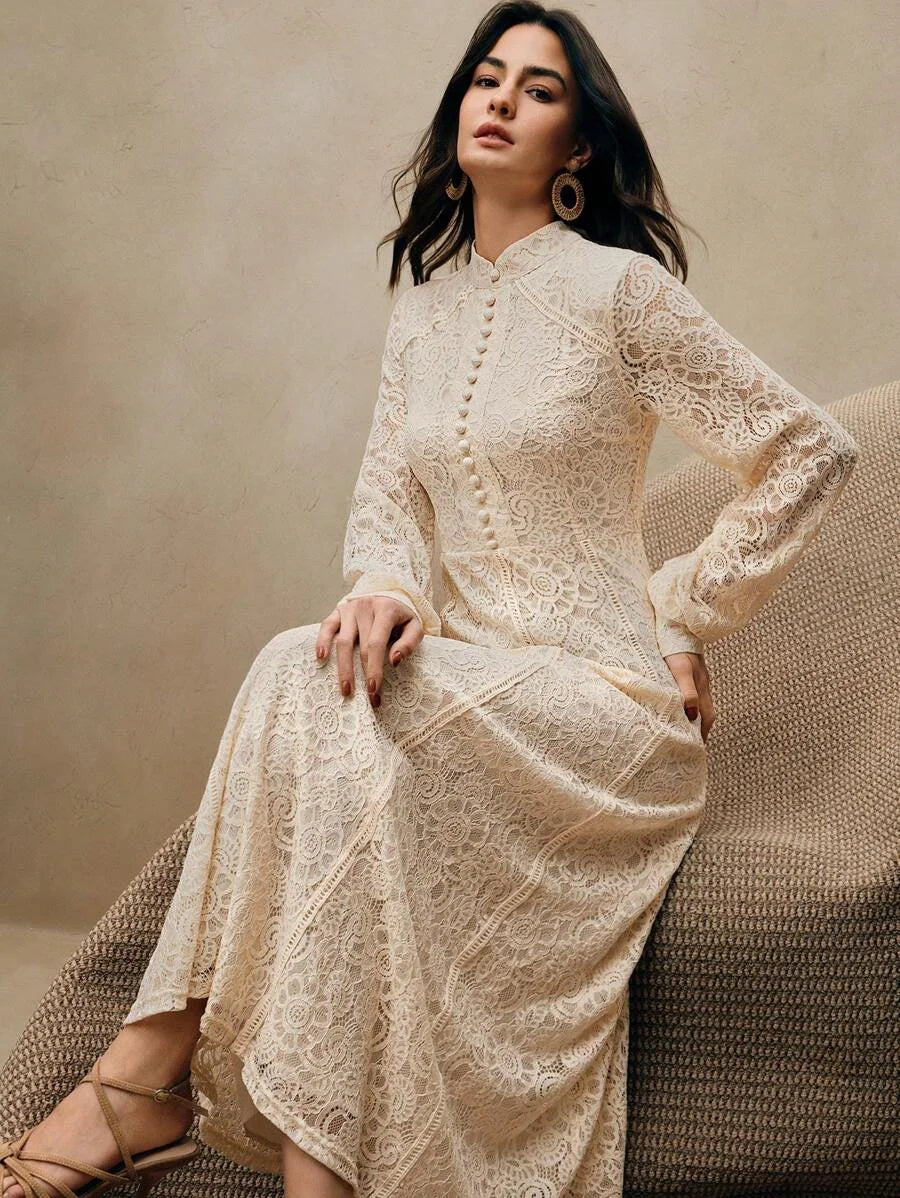 ElegantSpringAll White Woman Outfits Womens Long Sleeve Lace Burgundy Dress Maxi Women Outfit
