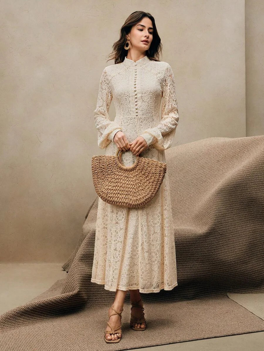 ElegantSpringAll White Woman Outfits Womens Long Sleeve Lace Burgundy Dress Maxi Women Outfit