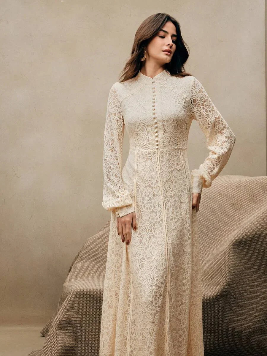 ElegantSpringAll White Woman Outfits Womens Long Sleeve Lace Burgundy Dress Maxi Women Outfit