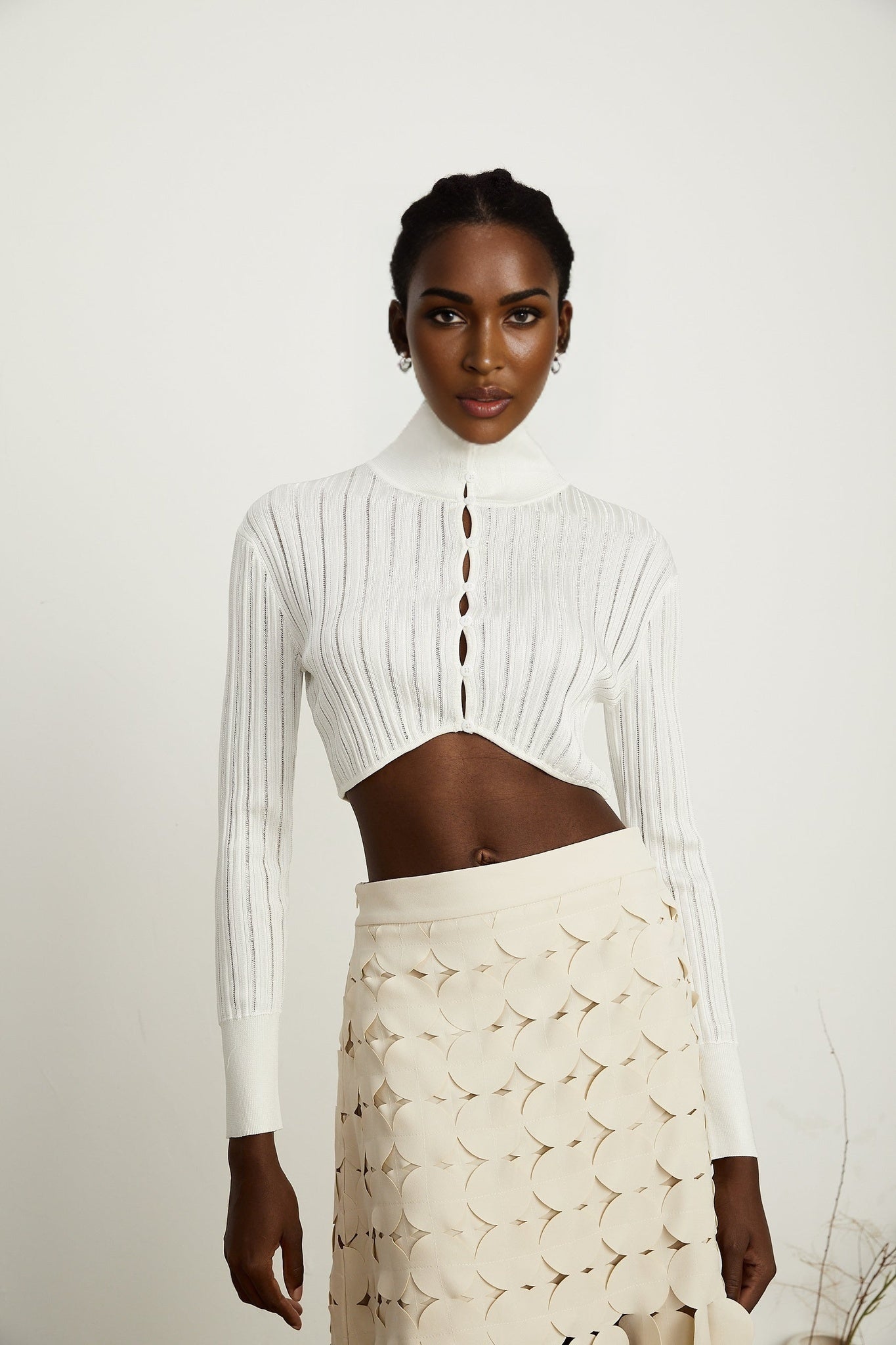Éléonore white highneck ribbedknit crop top