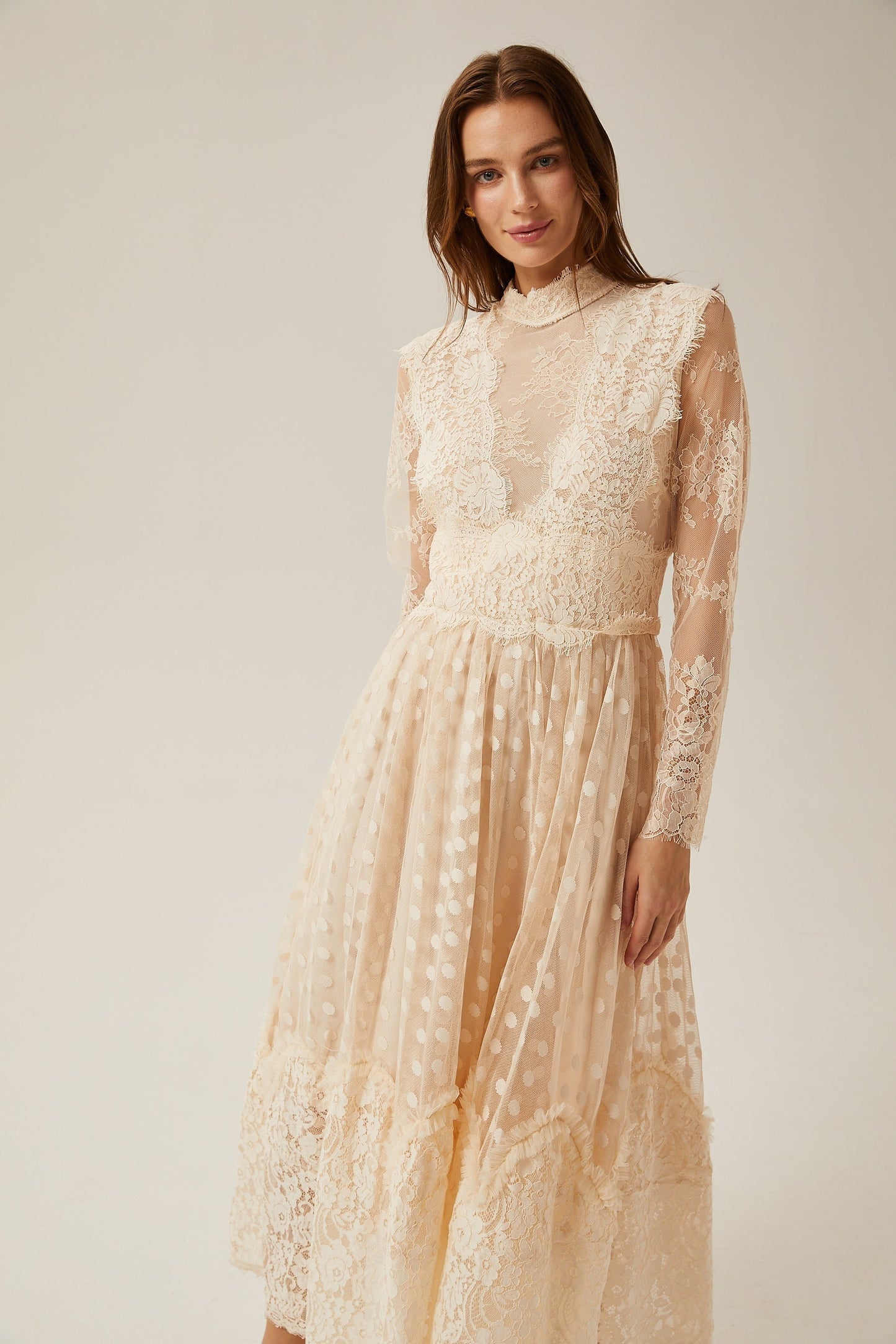 Éliane polkadot laceembroidered midi dress