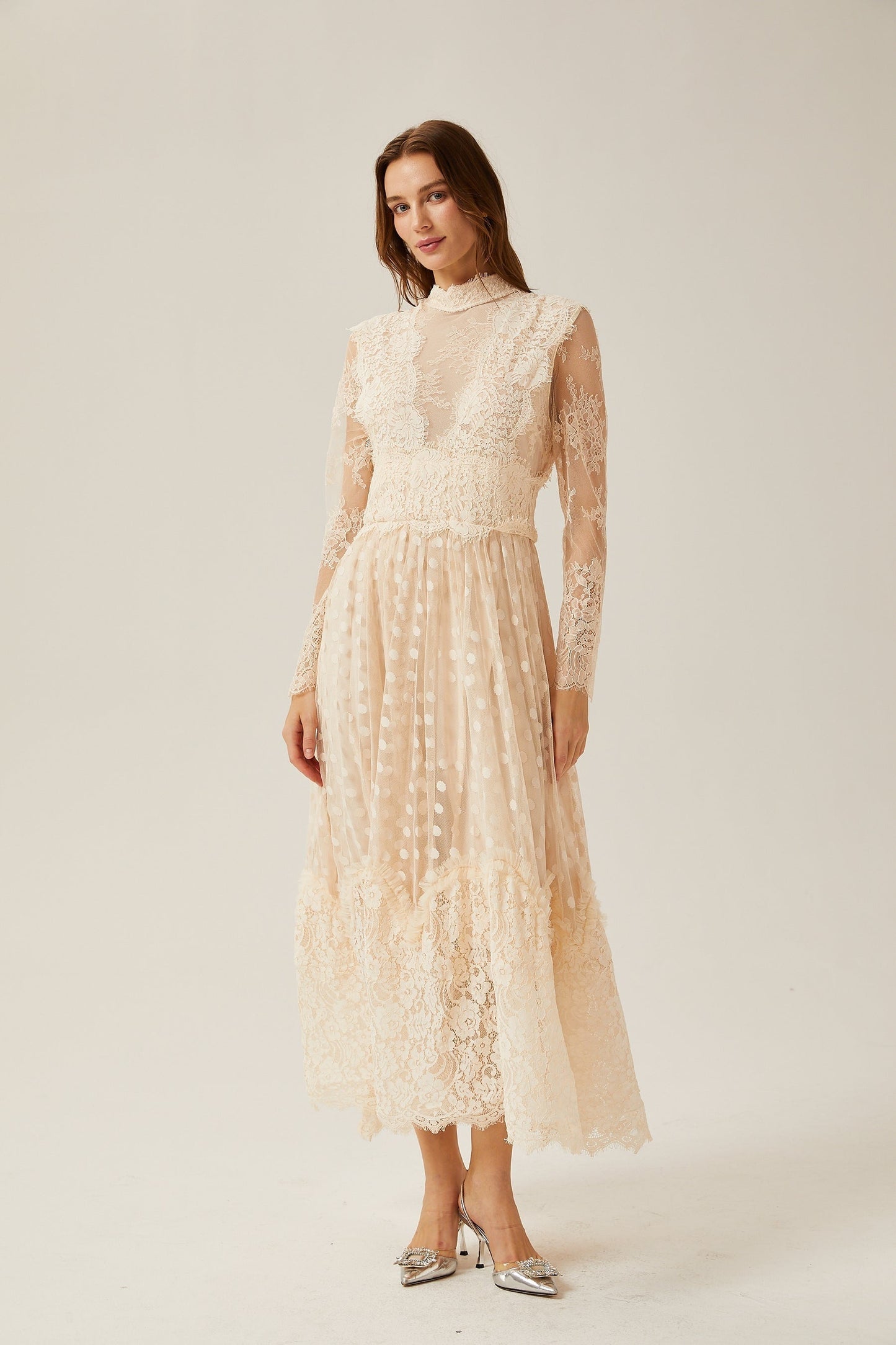 Éliane polkadot laceembroidered midi dress