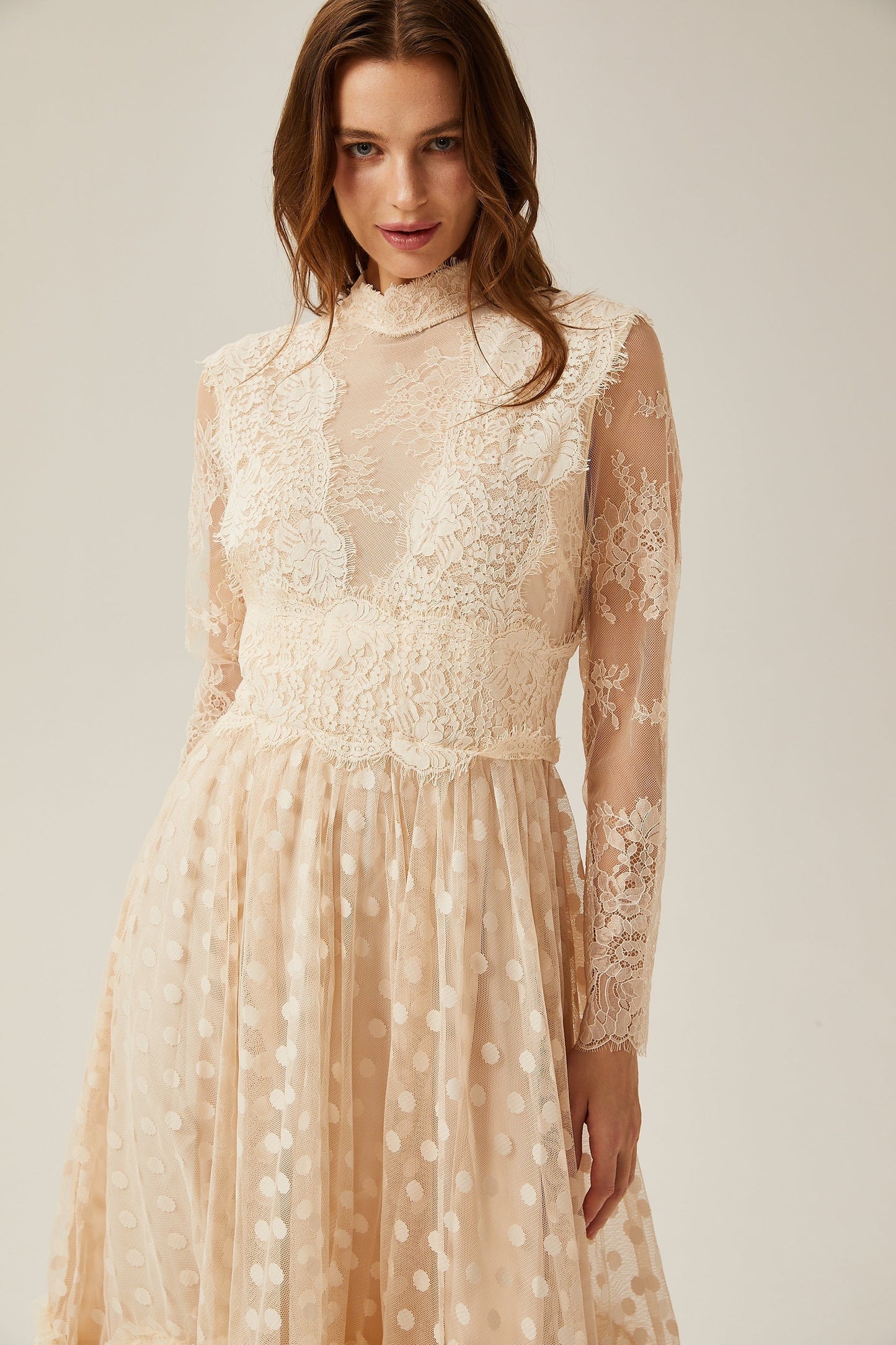 Éliane polkadot laceembroidered midi dress