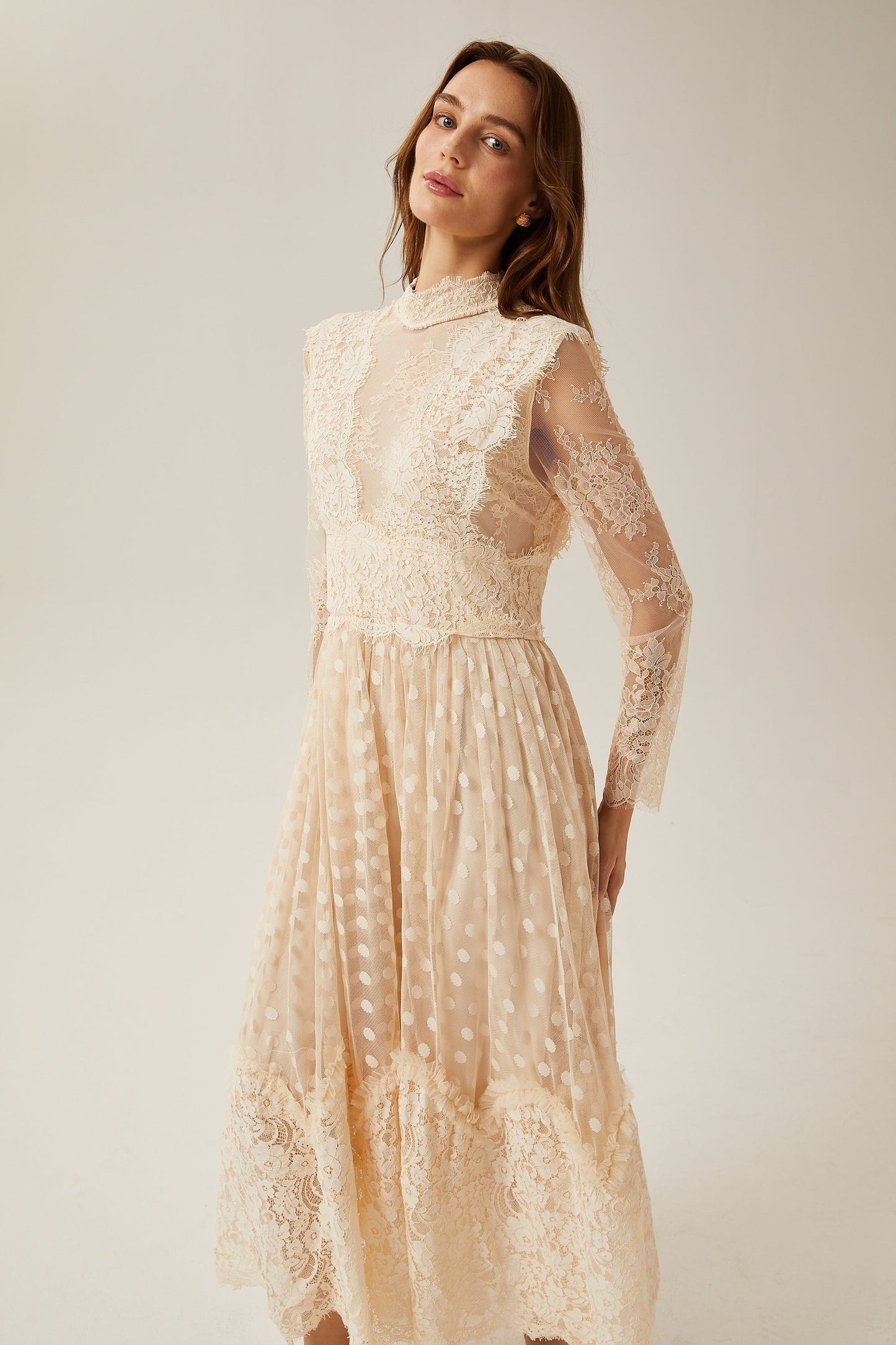Éliane polkadot laceembroidered midi dress