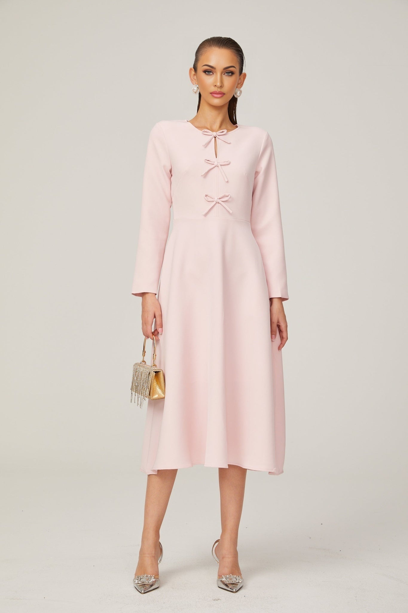 Elise pink bowdetail splitneck midi dress