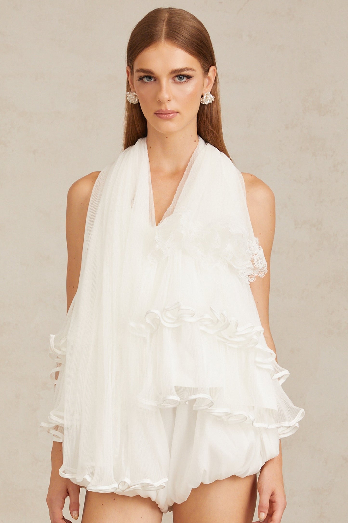 Ella White Ruffled Tulle Top Shorts Coord Set