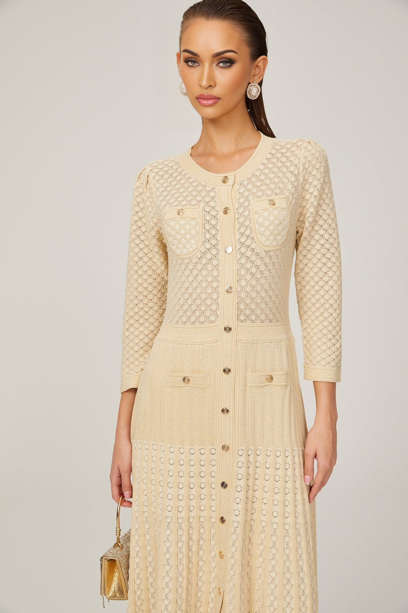 Élodie knitted longsleeve midi dress in Neutrals