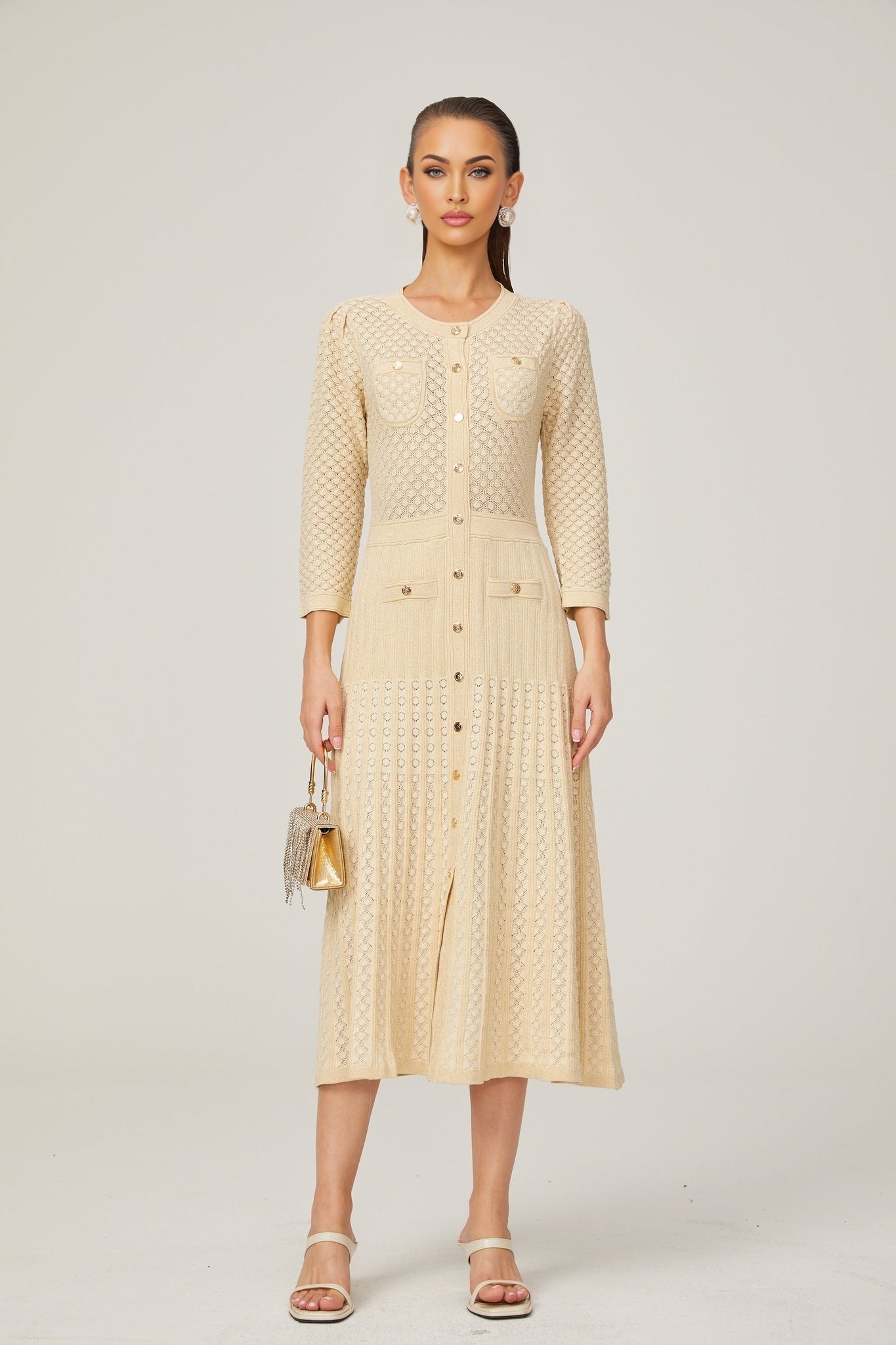 Élodie knitted longsleeve midi dress in Neutrals
