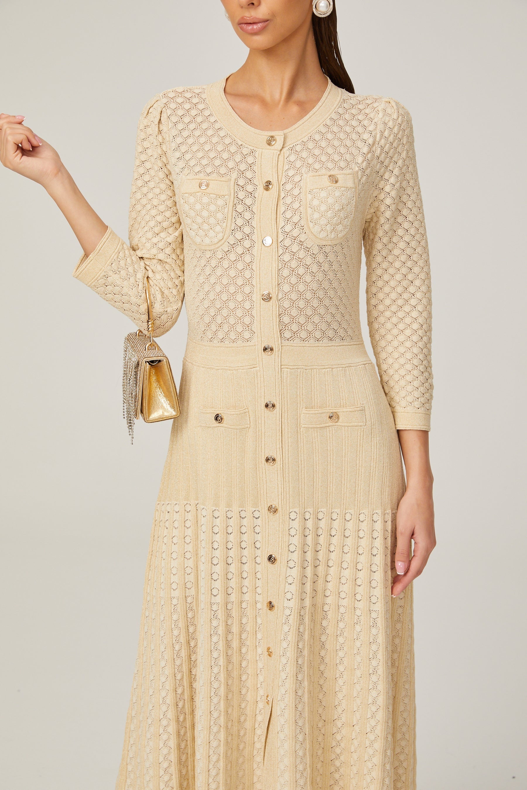 Élodie knitted longsleeve midi dress in Neutrals