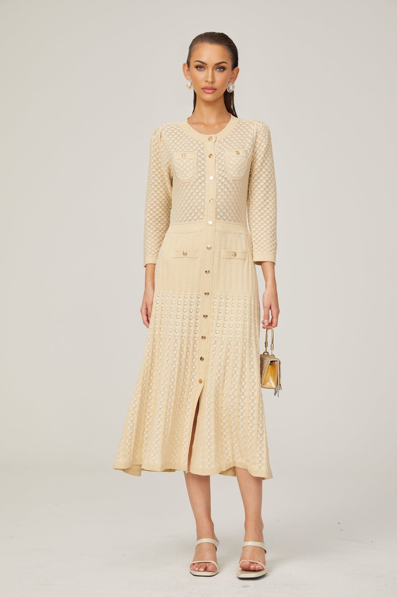 Élodie knitted longsleeve midi dress in Neutrals