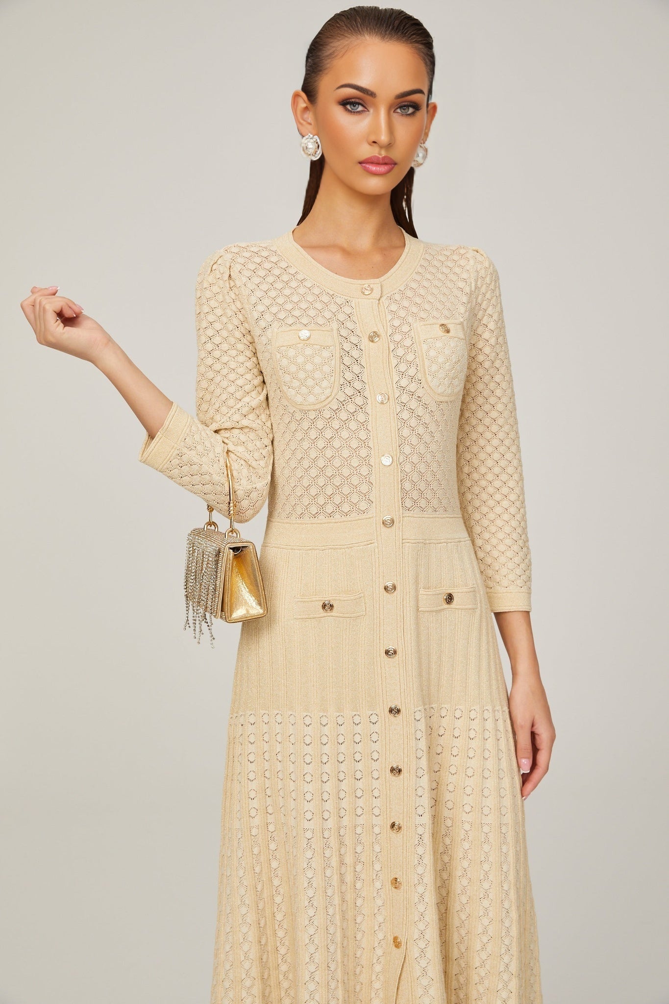 Élodie knitted longsleeve midi dress in Neutrals