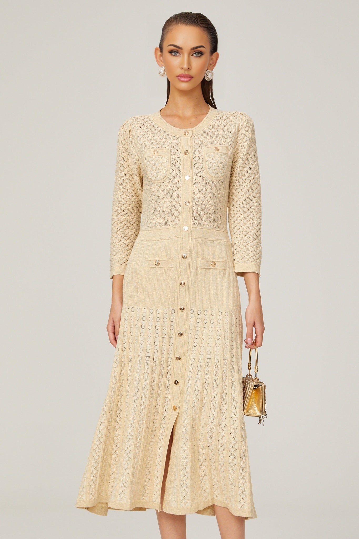 Élodie knitted longsleeve midi dress in Neutrals