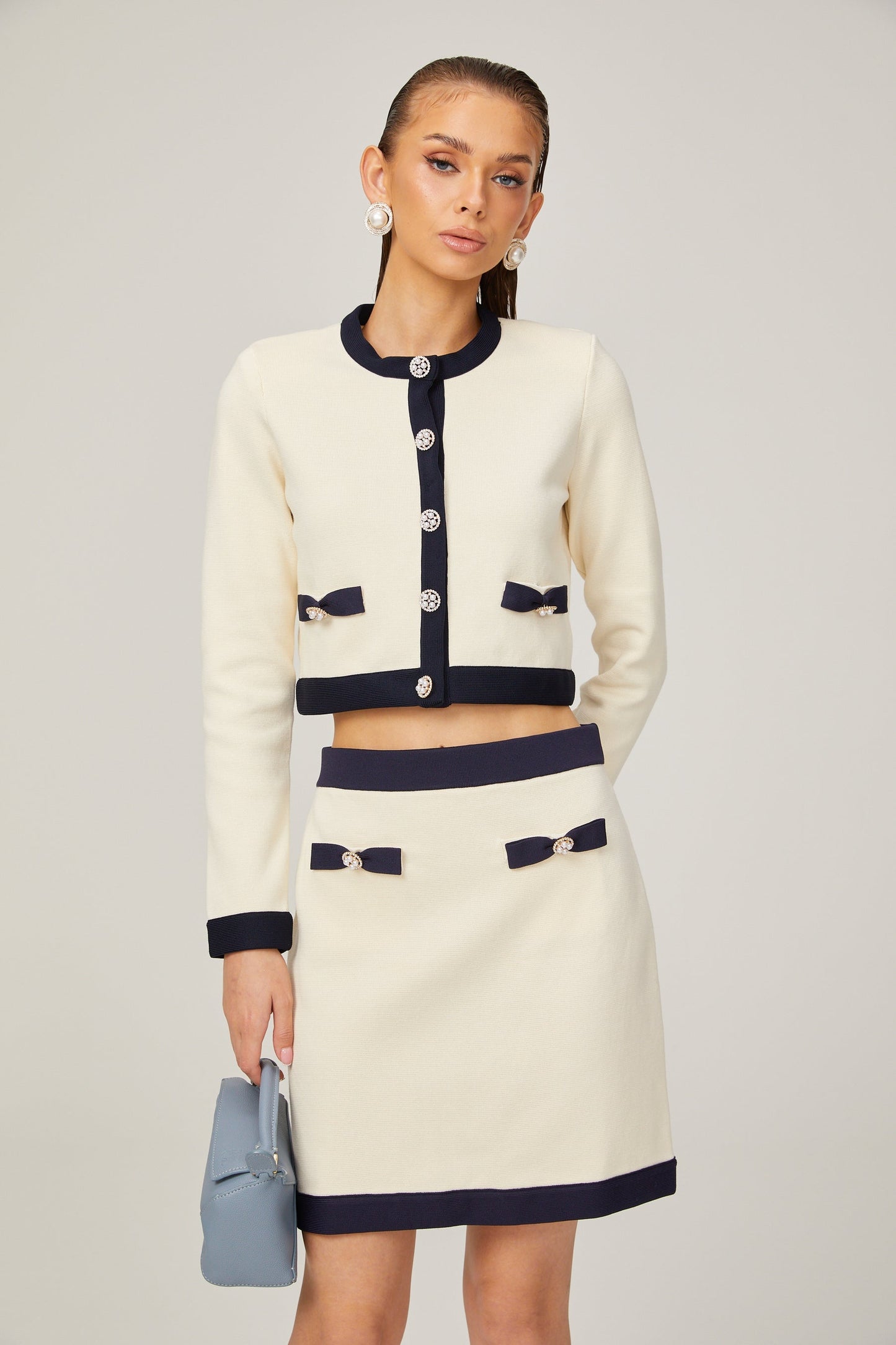 Émeline bowdetail knitted cardigan skirt matching set