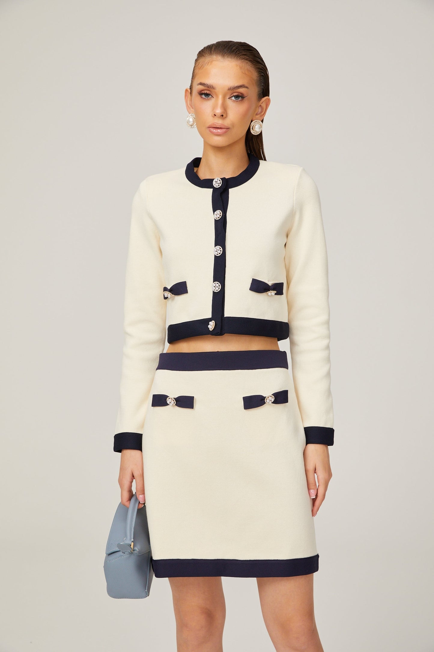 Émeline bowdetail knitted cardigan skirt matching set