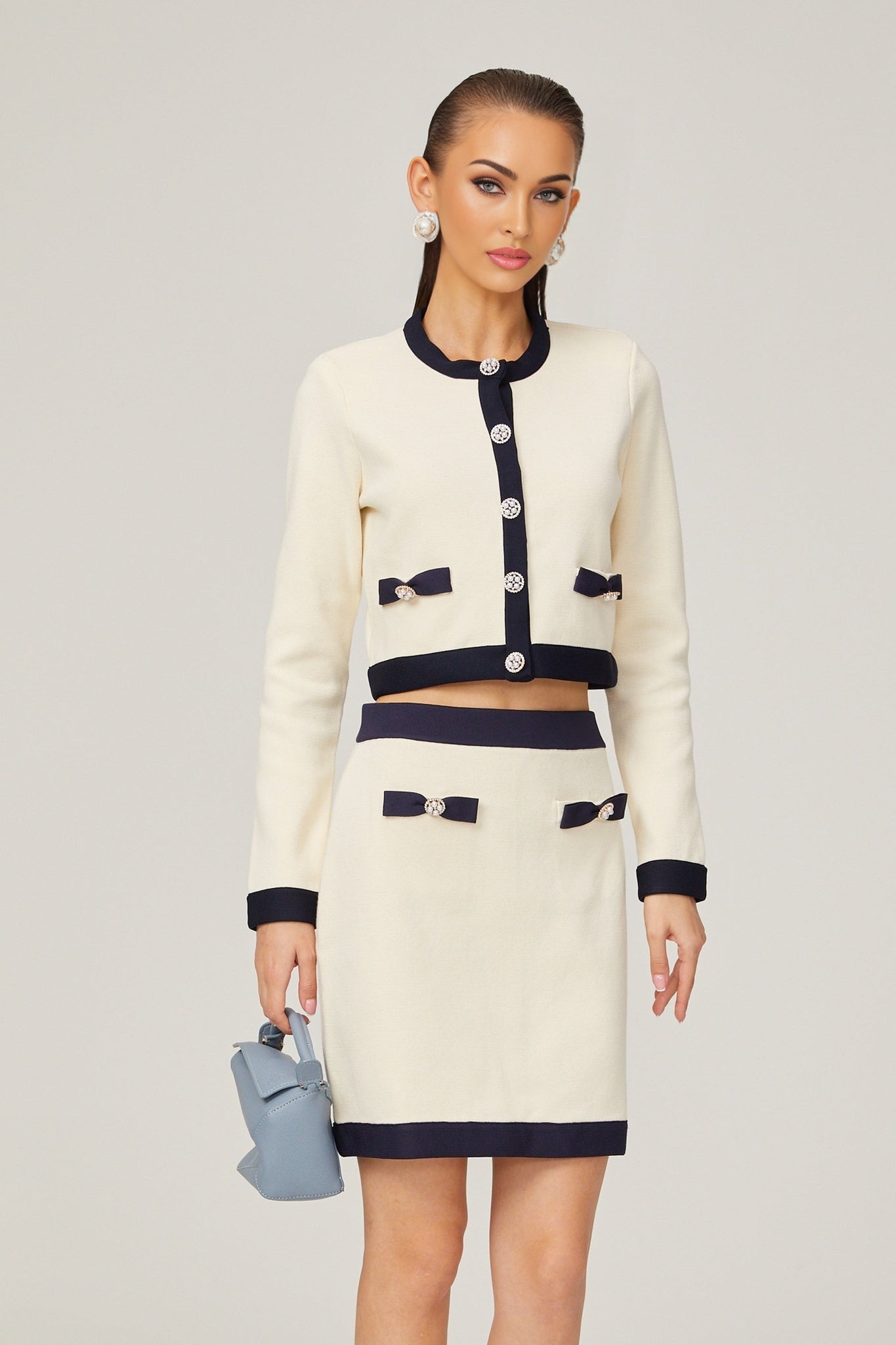Émeline bowdetail knitted cardigan skirt matching set