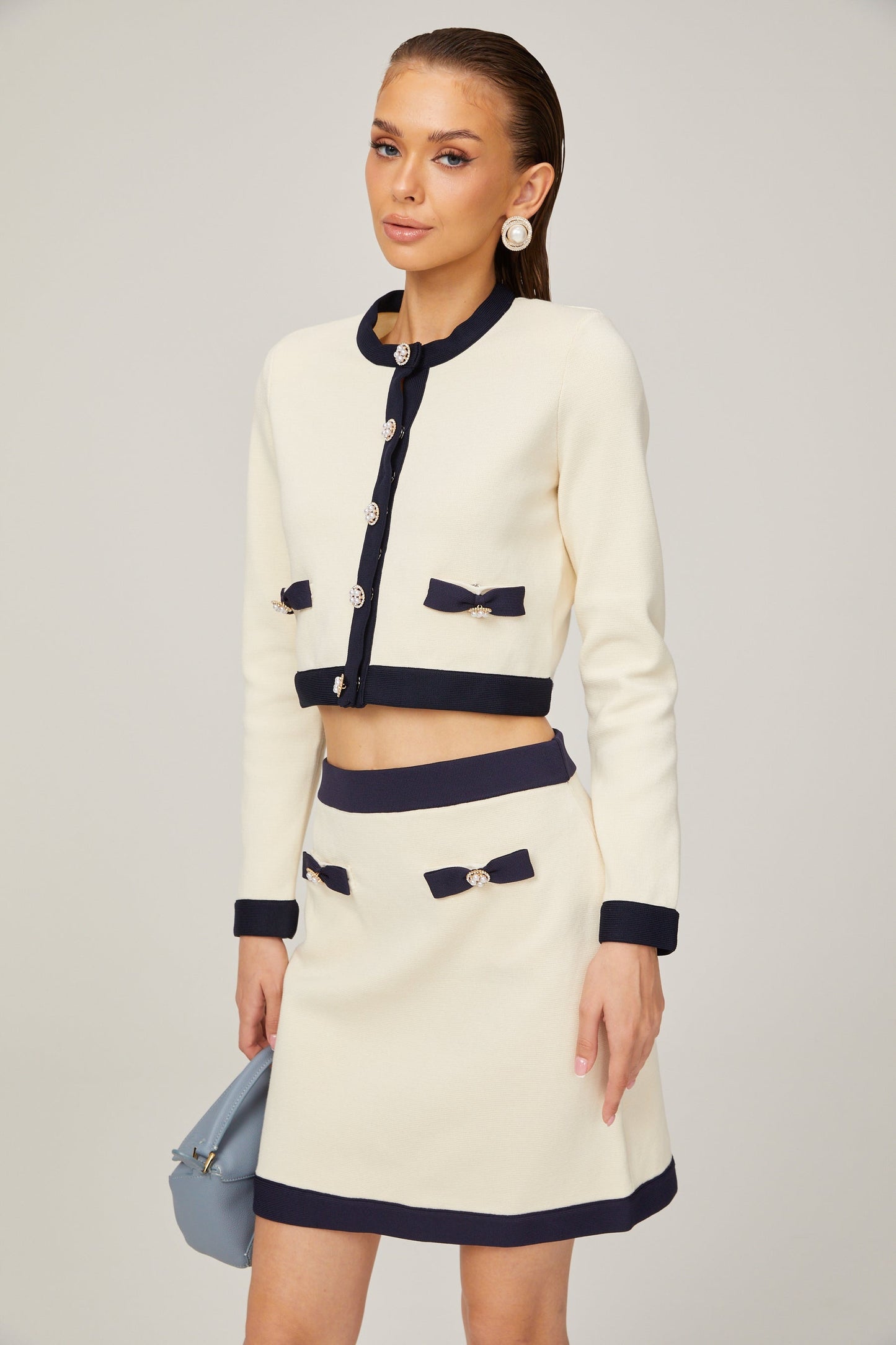 Émeline bowdetail knitted cardigan skirt matching set