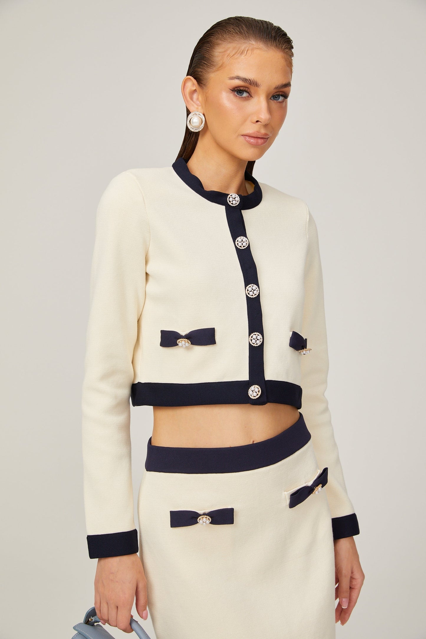 Émeline bowdetail knitted cardigan skirt matching set
