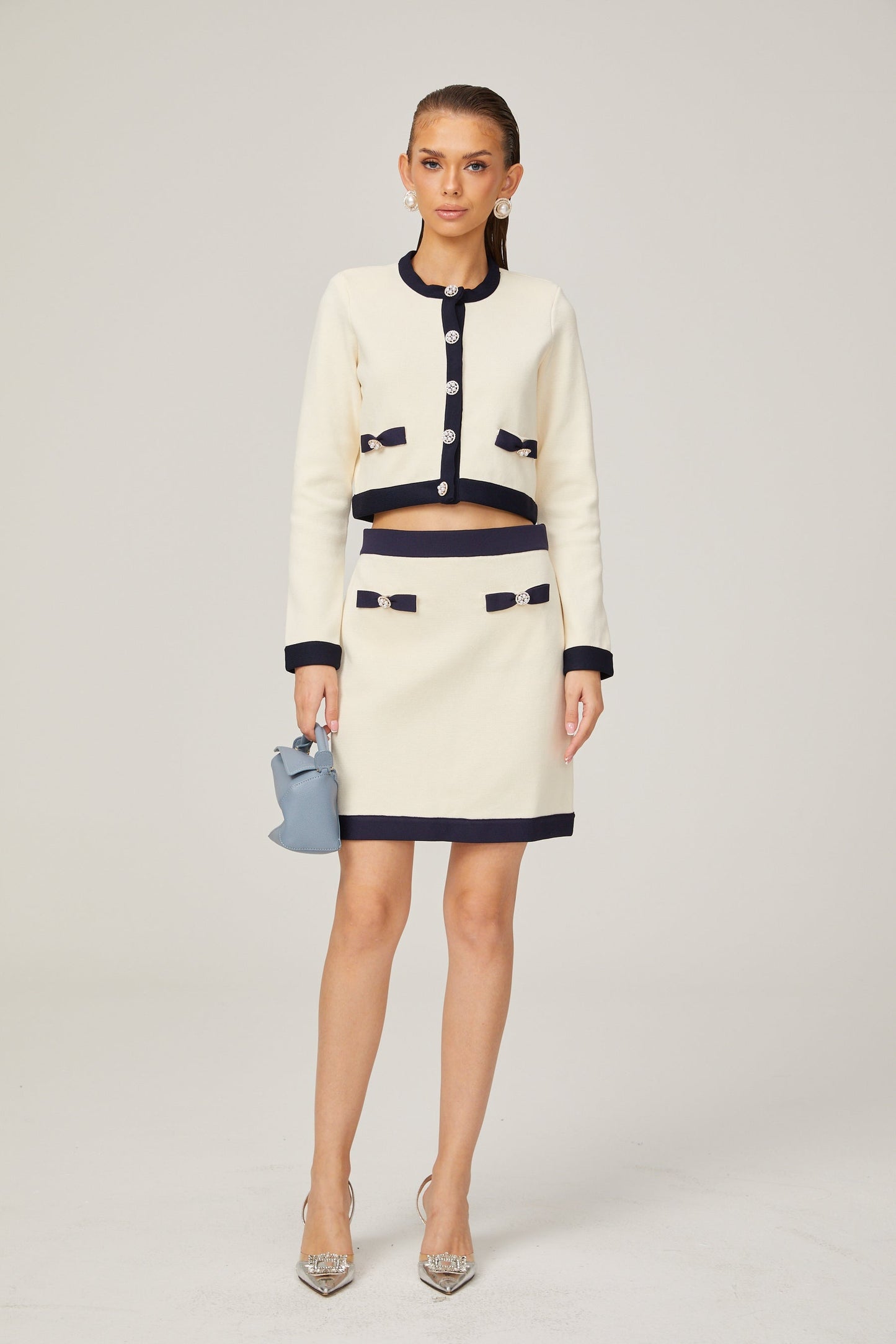 Émeline bowdetail knitted cardigan skirt matching set