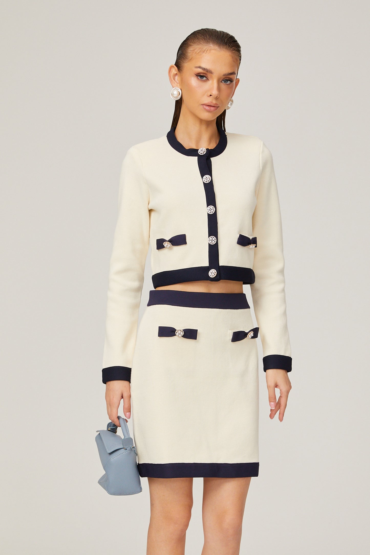 Émeline bowdetail knitted cardigan skirt matching set