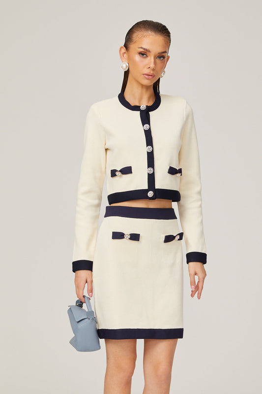 Émeline bowdetail knitted cardigan  skirt matching set