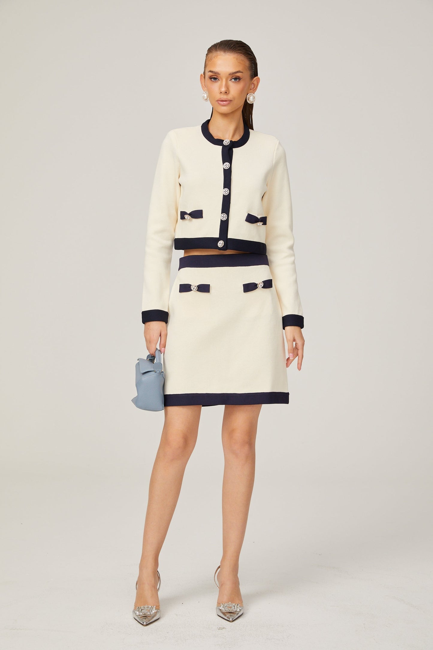Émeline bowdetail knitted cardigan skirt matching set