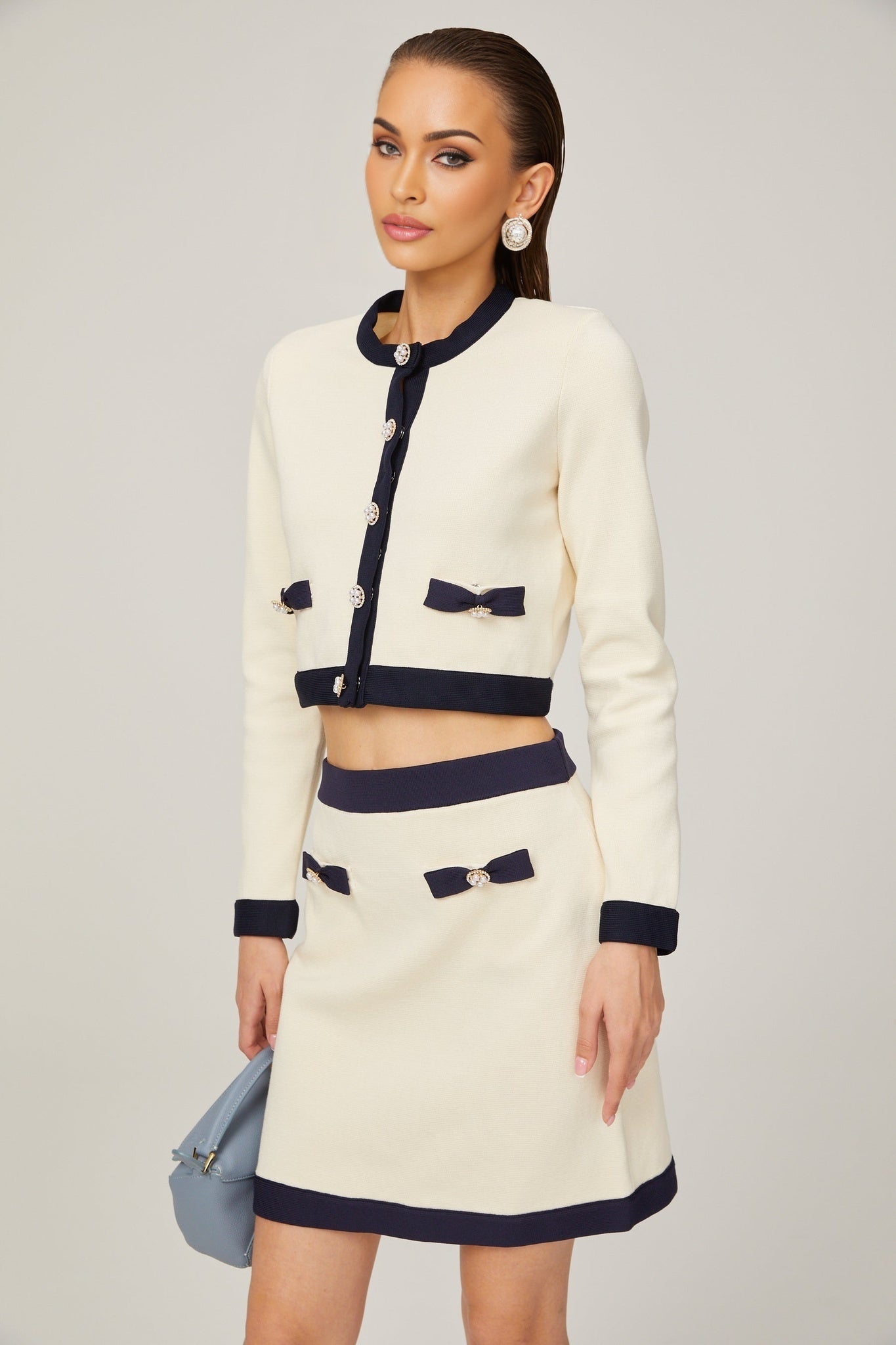 Émeline bowdetail knitted cardigan skirt matching set