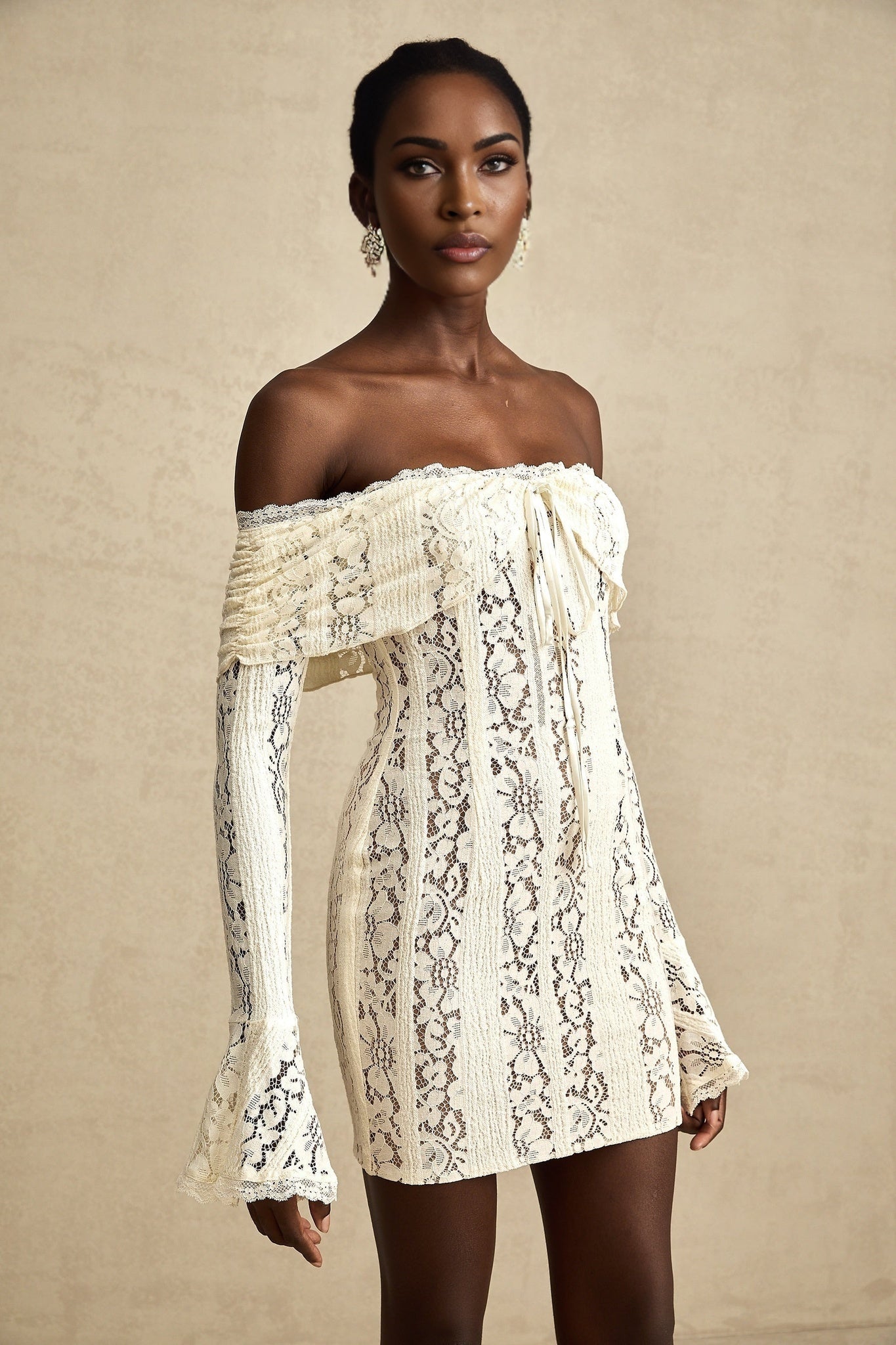 Émeline floral lace flaredcuff mini dress in Neutrals