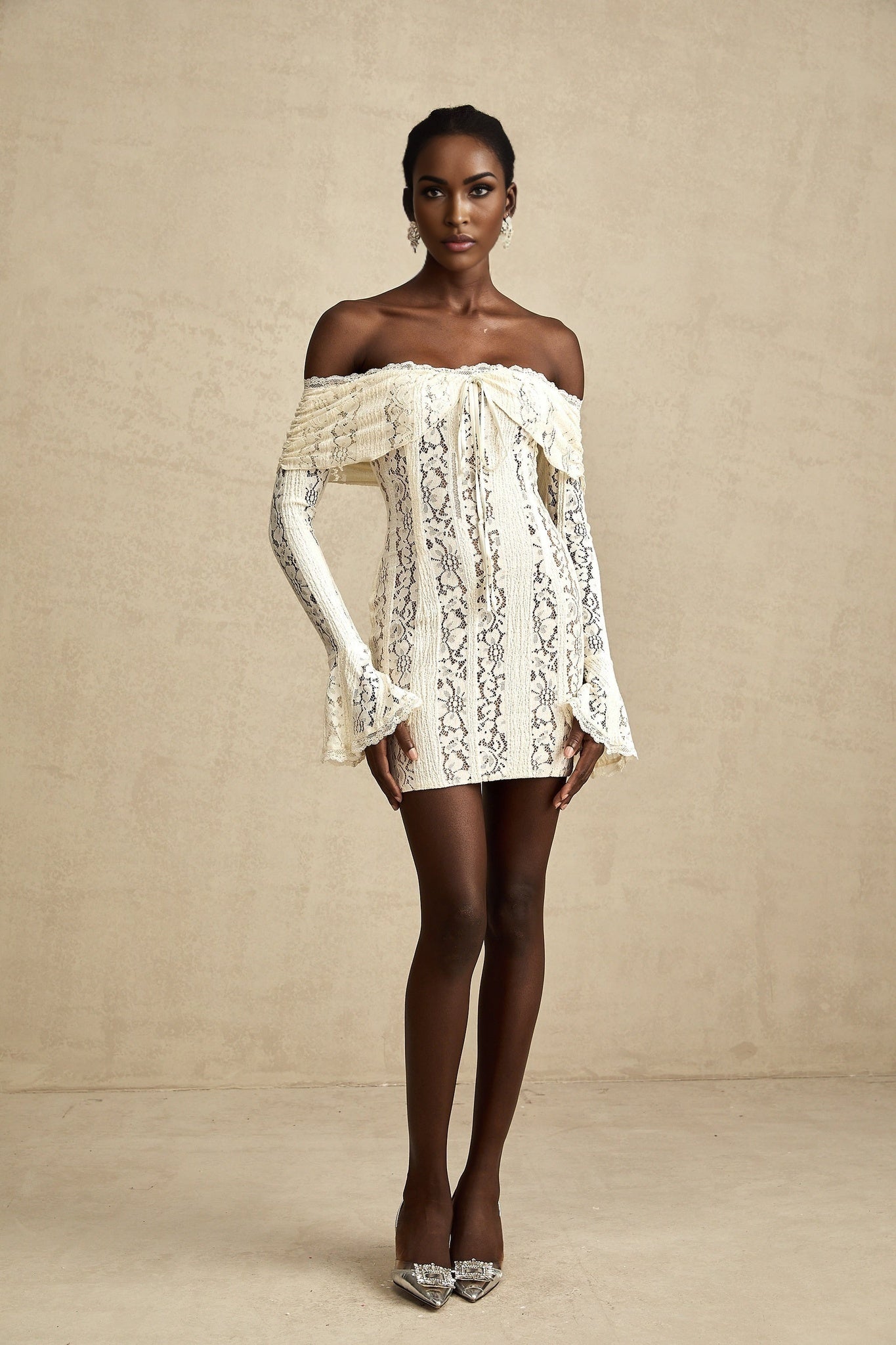 Émeline floral lace flaredcuff mini dress in Neutrals